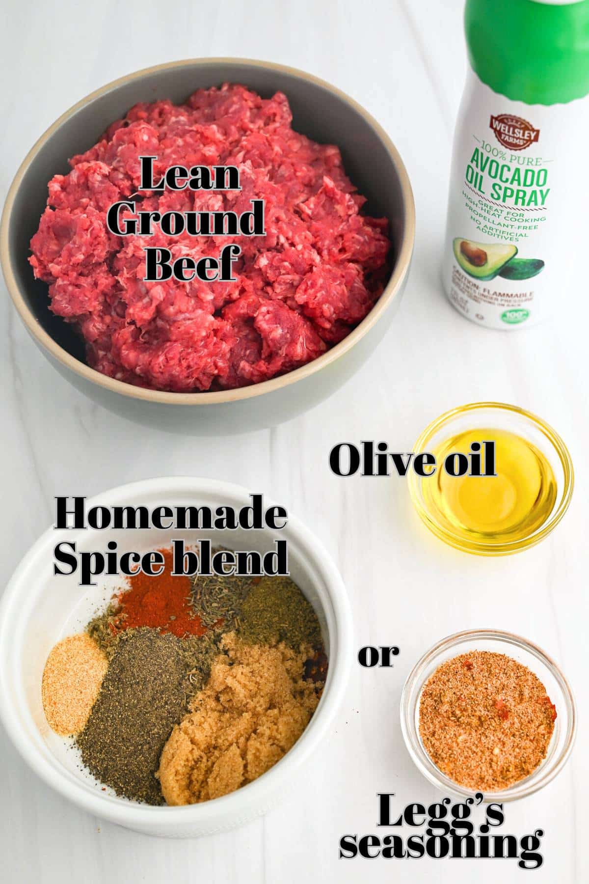 ingredients for making sausage out of lean ground beef measured out on a counter