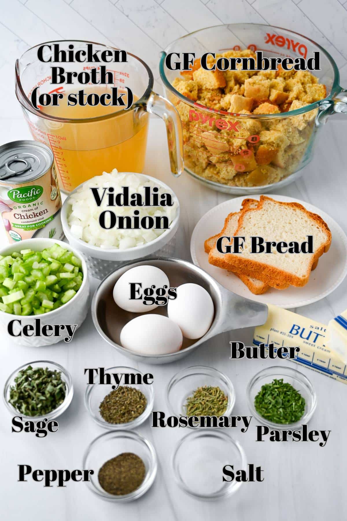 ingredients for cornbread dressing without gluten measured out on a counter