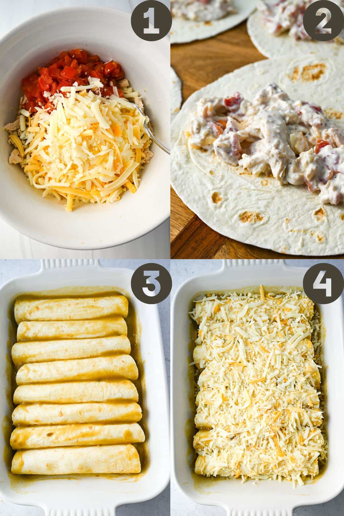 steps to make salsa verde burritos: filling mixed in a bowl, topped on tortillas, rolled up and covered with sauce and cheese