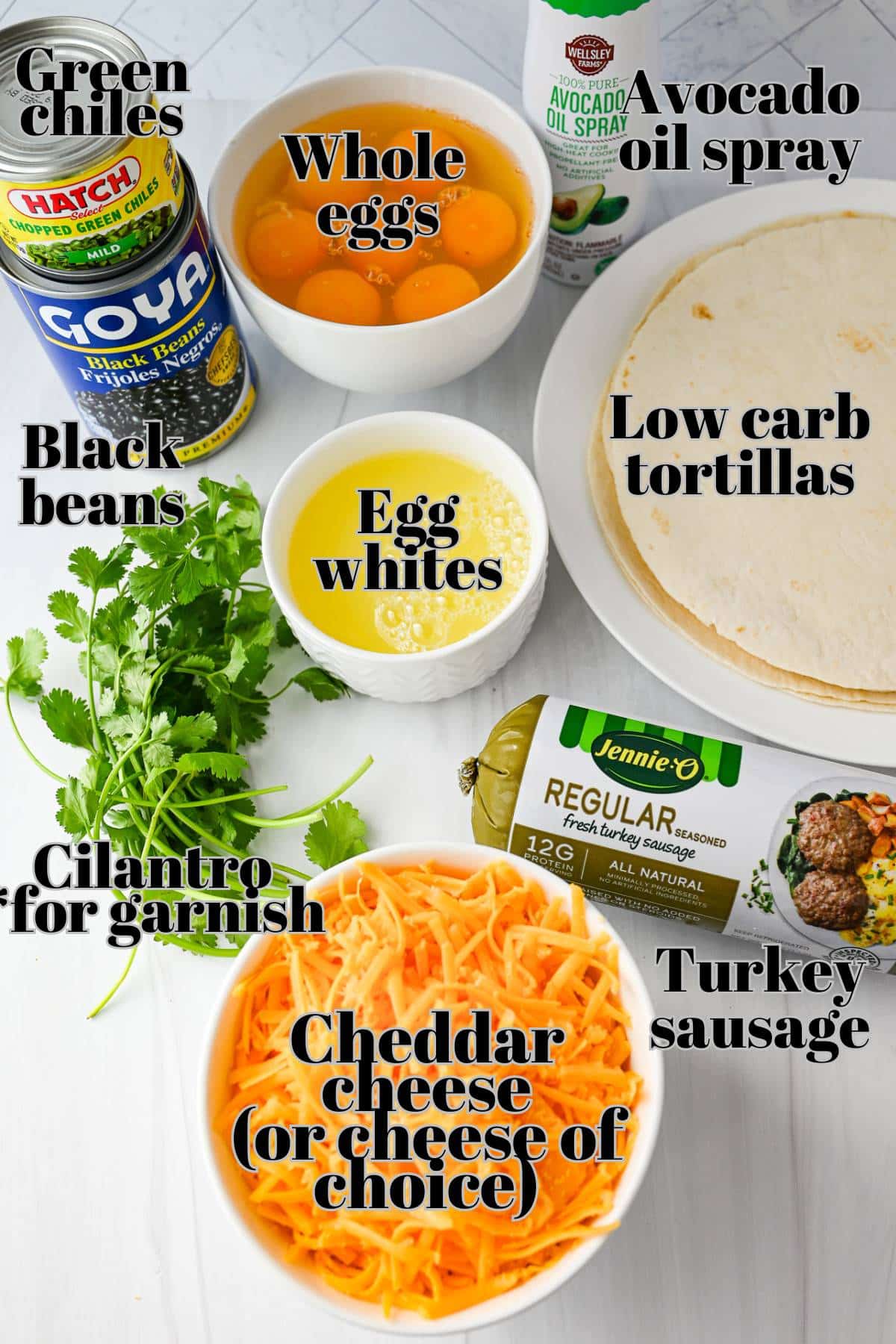 ingredients for green chile breakfast burritos measured out on a counter
