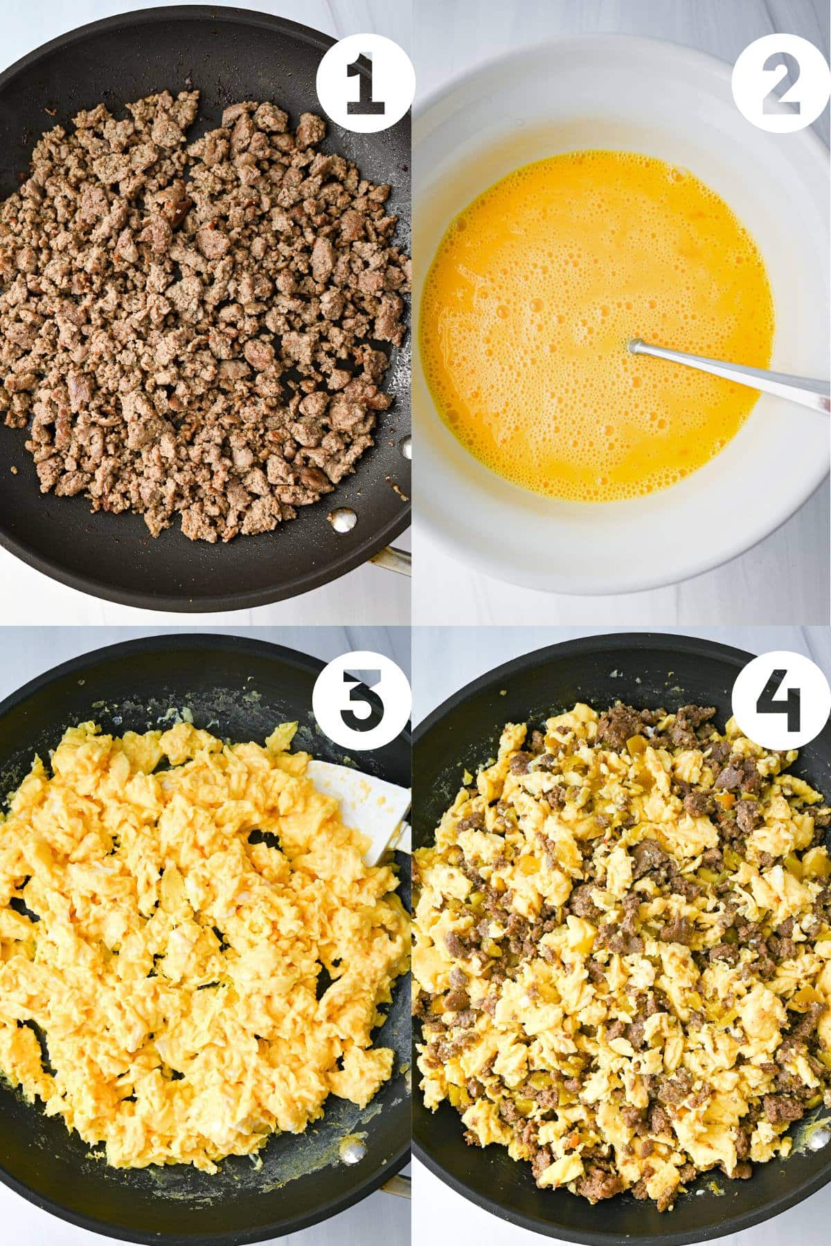 collage photo of cooked sausage in a skillet, whisked eggs, cooked eggs in a skillet, and sausage and egg mixture combined