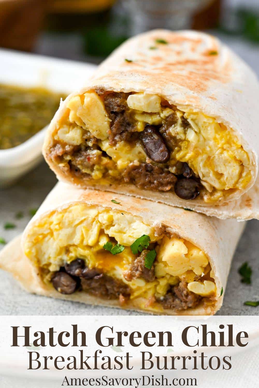 These green chile breakfast burritos feature lean sausage, scrambled eggs, cheese, black beans, and zesty hatch green chiles wrapped in low-carb tortillas. They’re easy to make and freezer-friendly. via @Ameessavorydish