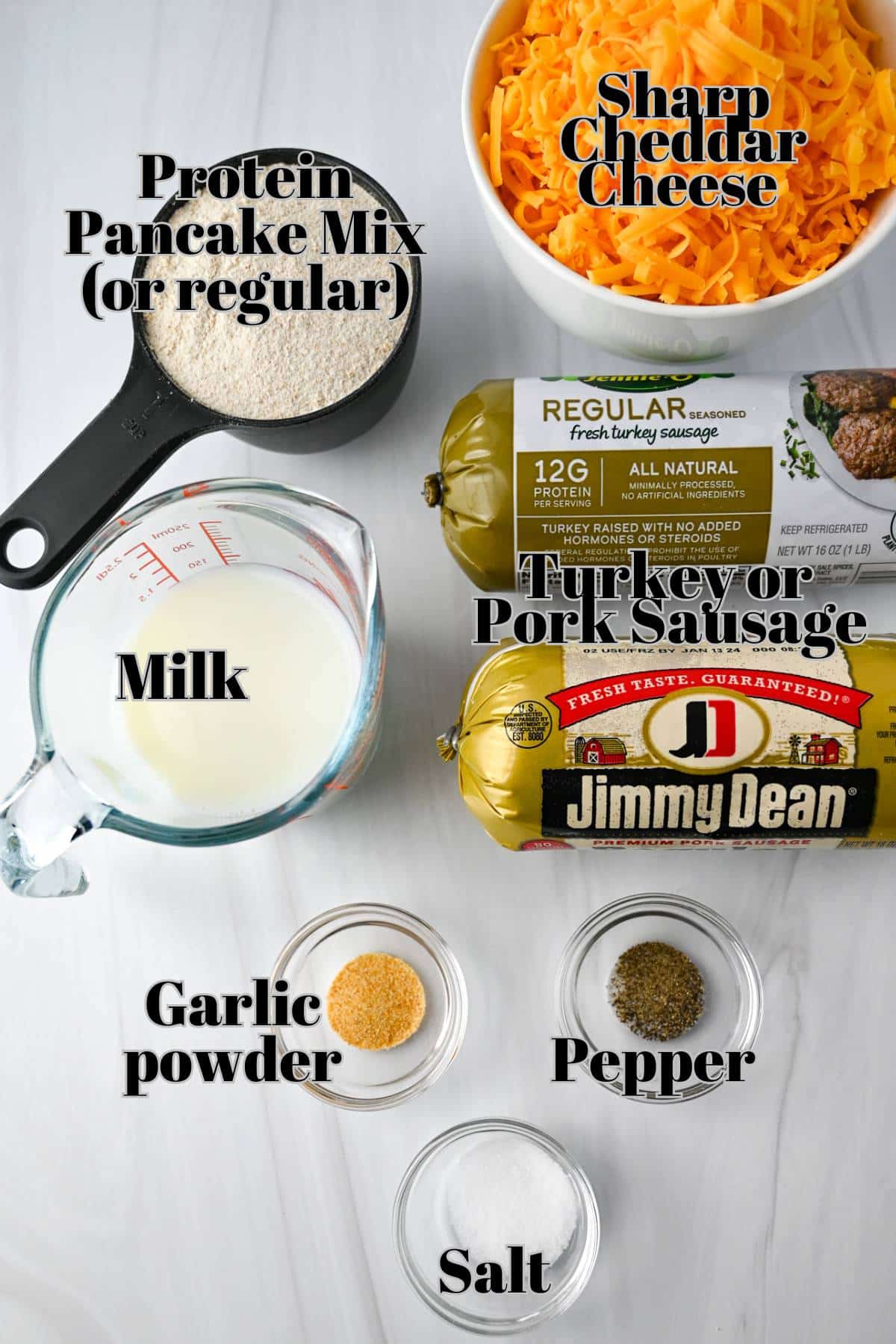 ingredients for kodiak cakes sausage balls on a counter