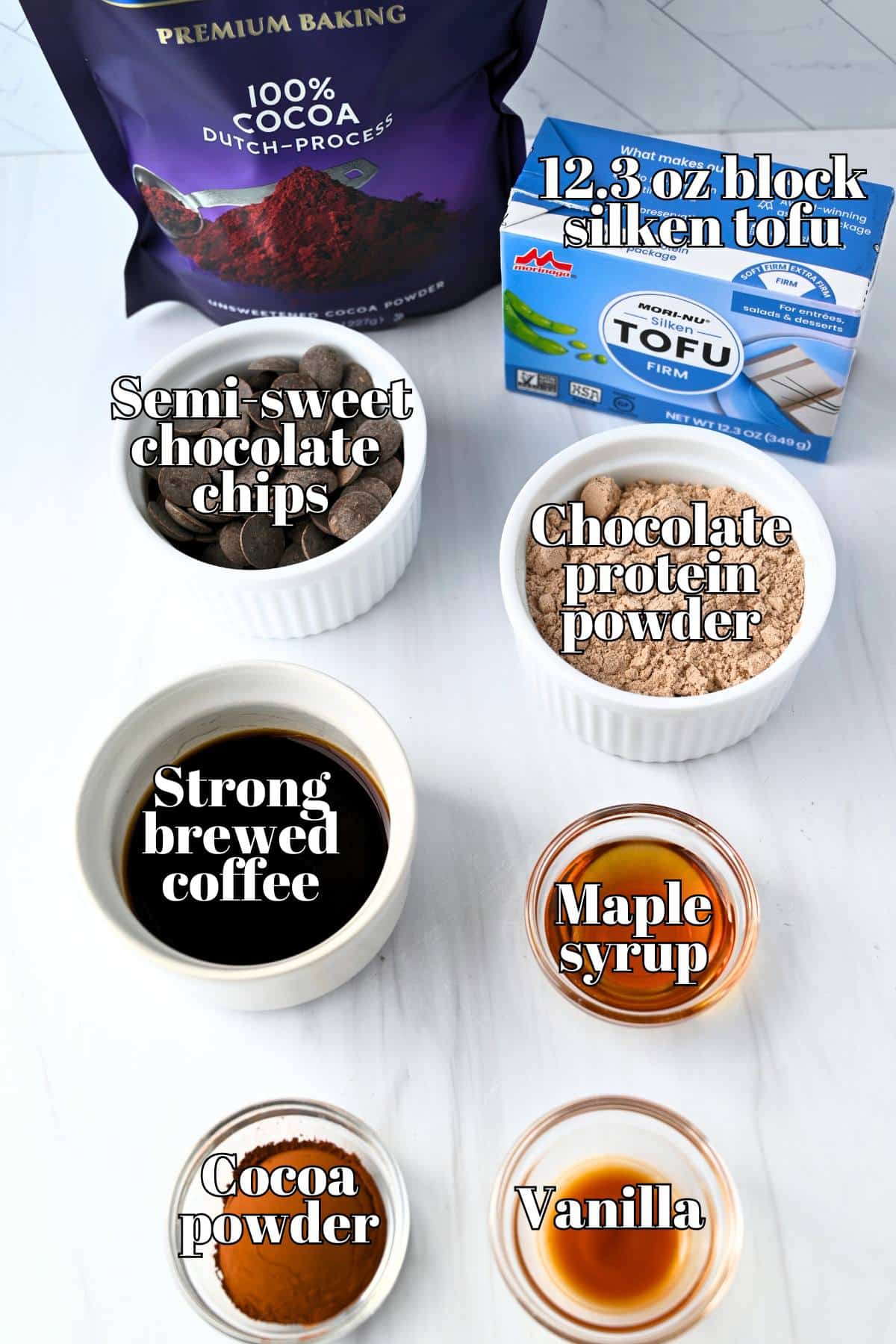 ingredients for tofu mousse on a counter