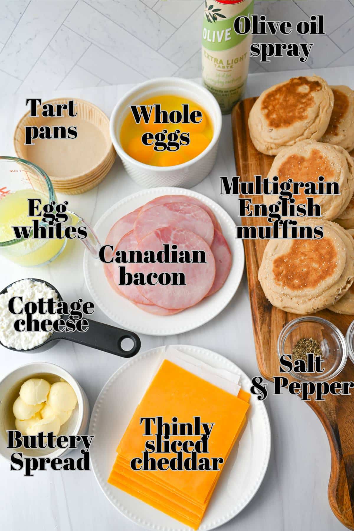 ingredients for healthy homemade egg mcmuffins measured out on a counter