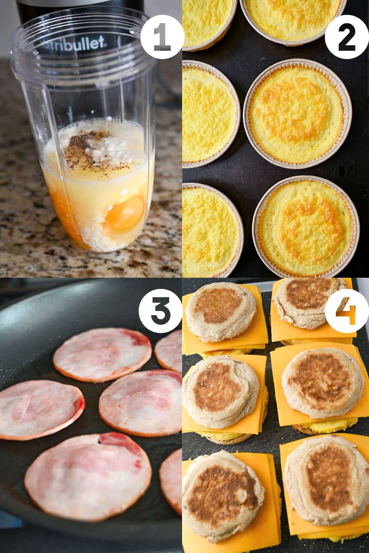 four steps making egg mcmuffins: egg patty mixture in a blender, cooked egg patties, cooked canadian bacon, and assembled sandwiches