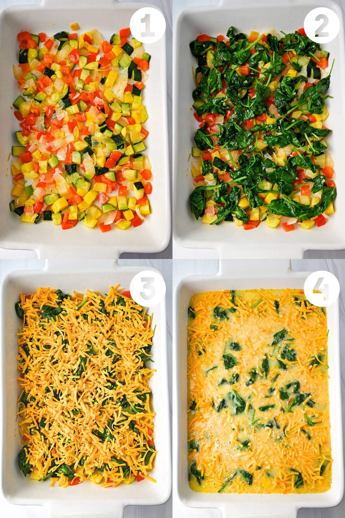 steps for assembling a protein frittata in a baking dish