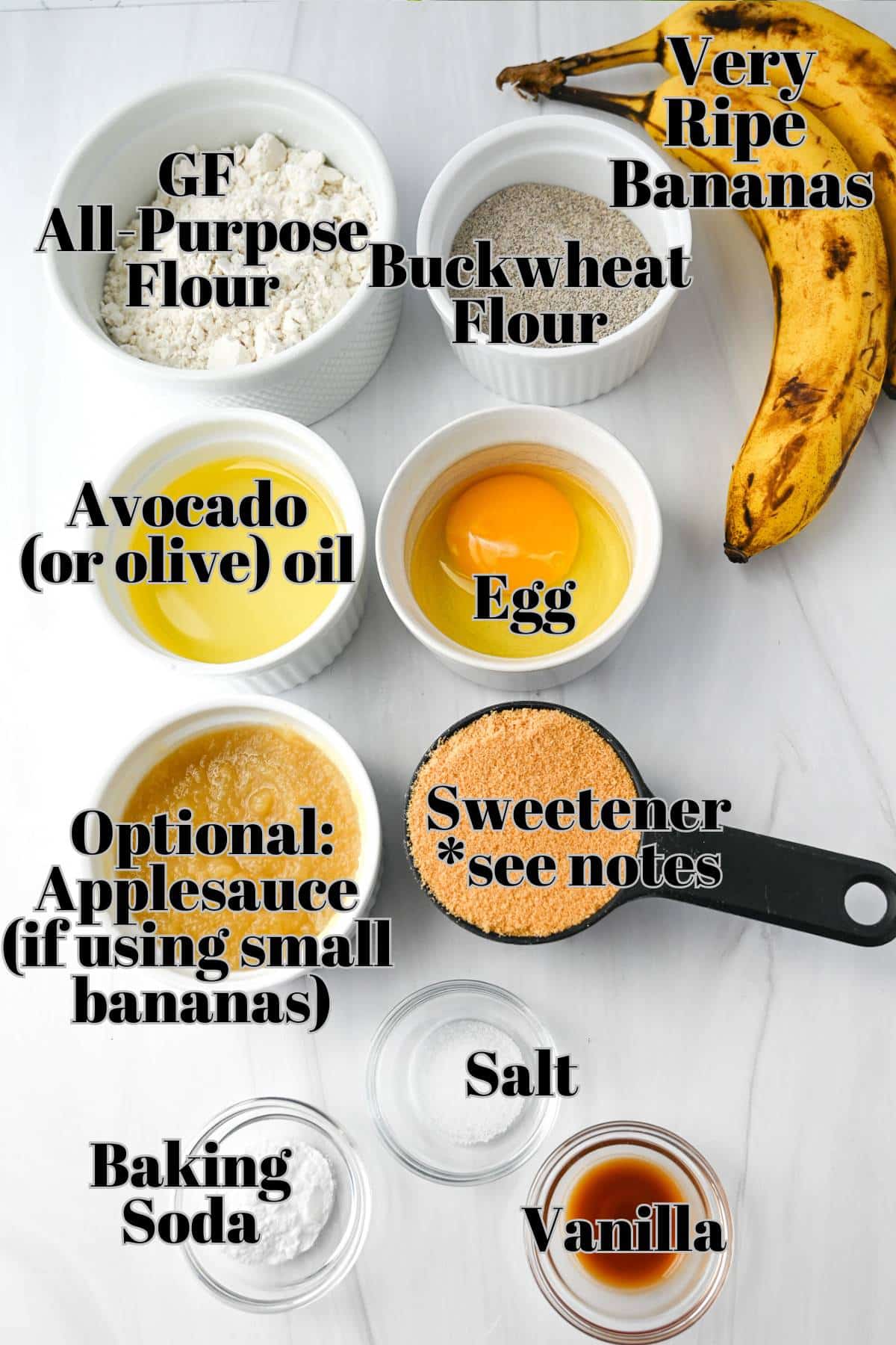 ingredients measured out on a counter for making gf banana muffins
