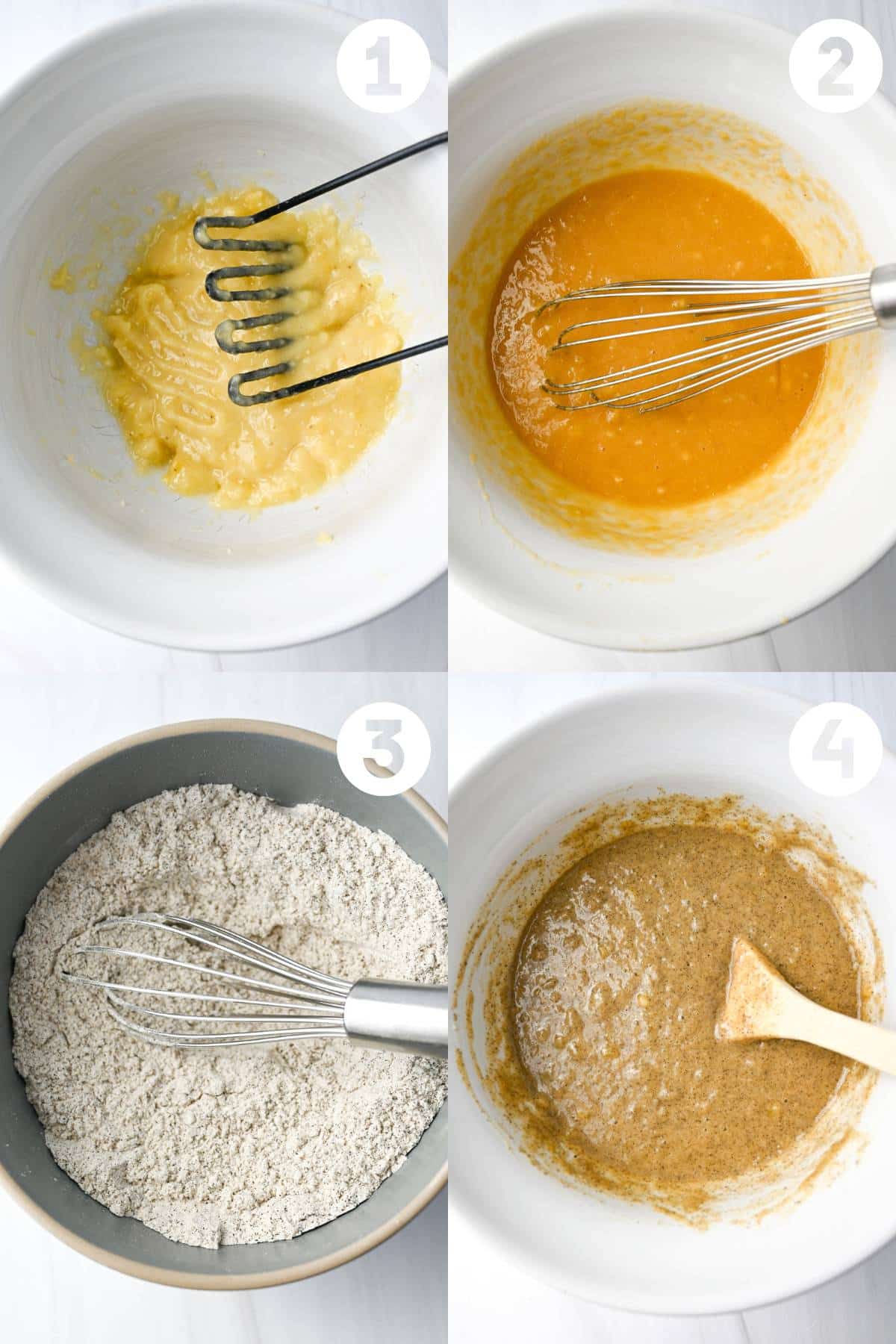four step photos for mixing banana muffin batter