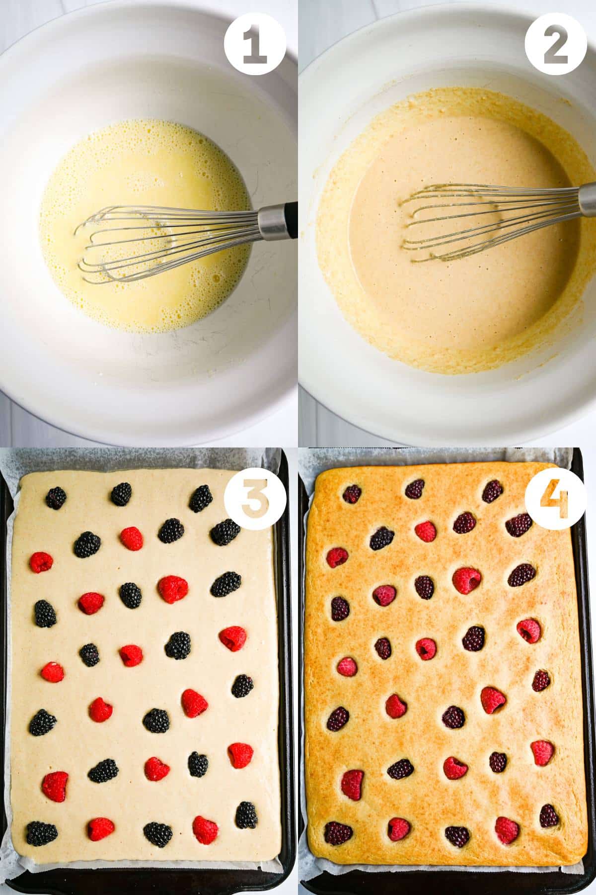 steps in a collage photo for making kodiak sheet pan pancakes: mixed batter, poured on baking sheet with berries on top and baked