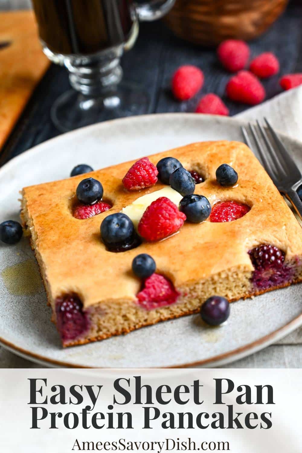 This Sheet Pan Pancakes Recipe offers a convenient method for fluffy delicious high-protein pancakes in under 20 minutes! Gluten-free option included. via @Ameessavorydish