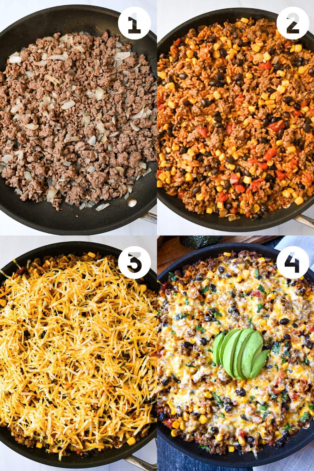 four photos showing the steps to cook a taco beef and rice skillet meal
