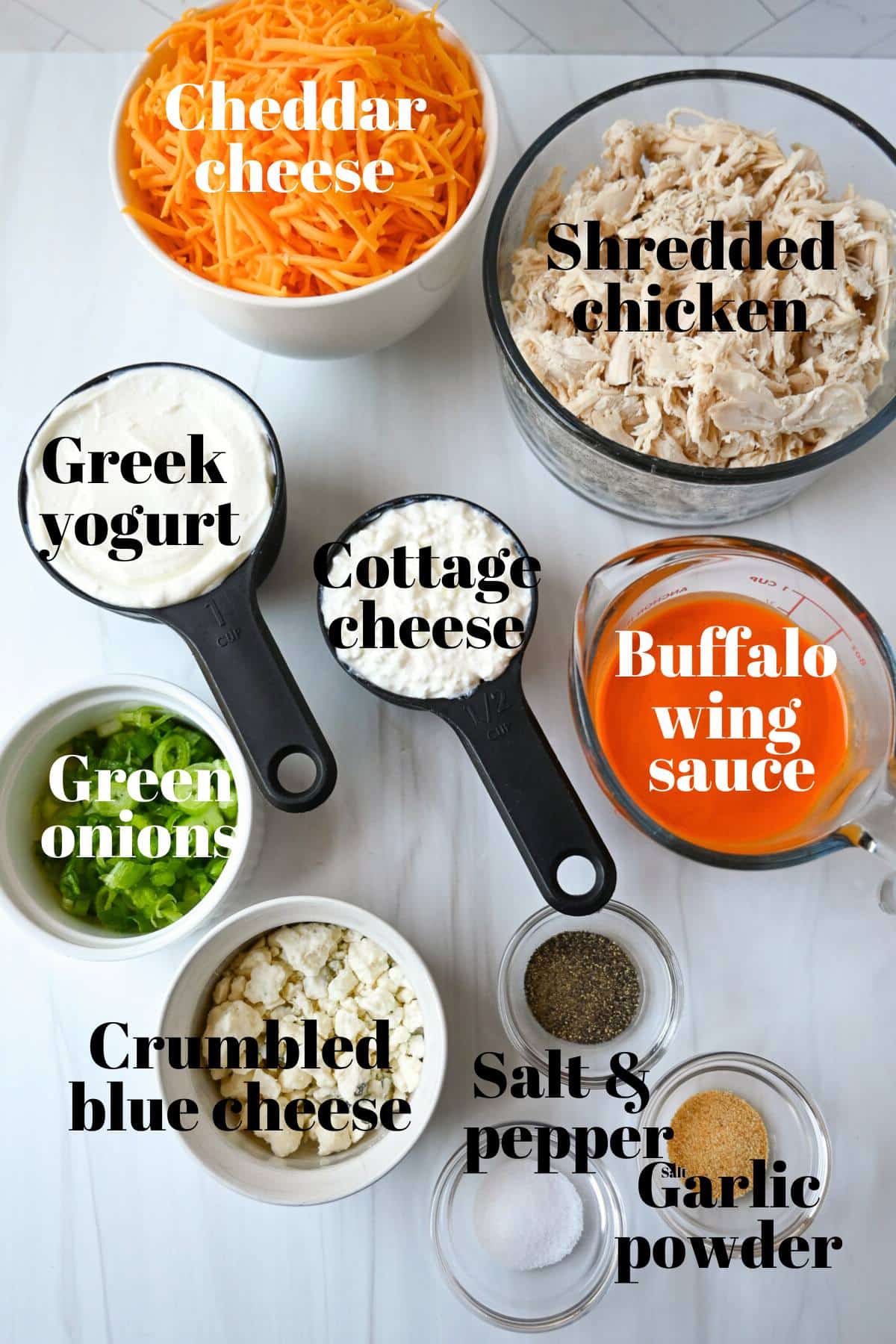 ingredients for buffalo dip measured out on a counter