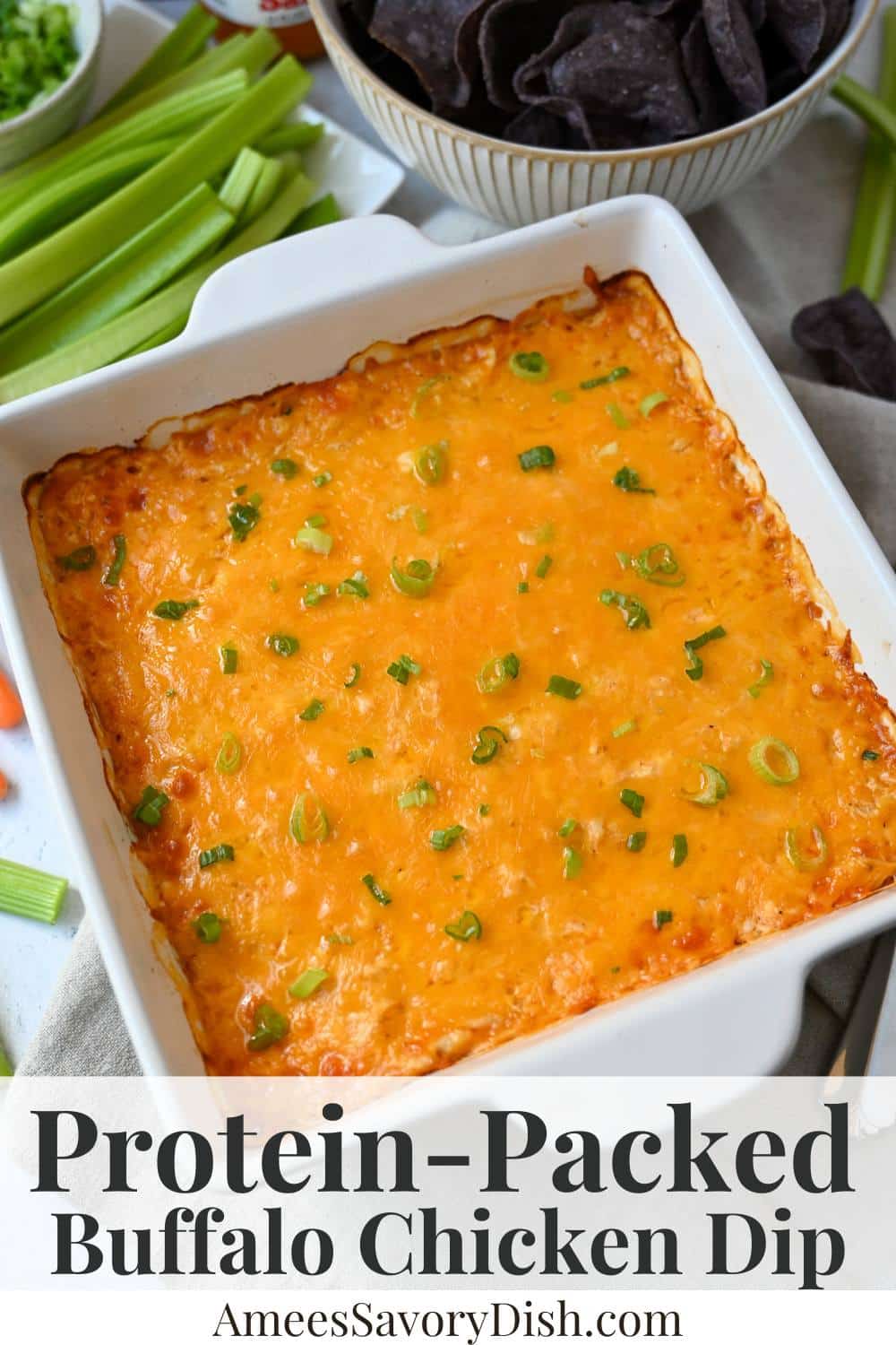 This easy recipe transforms rotisserie chicken, Greek yogurt, cottage cheese, cheddar cheese, and tangy buffalo sauce into a protein-packed dip everyone will love! via @Ameessavorydish