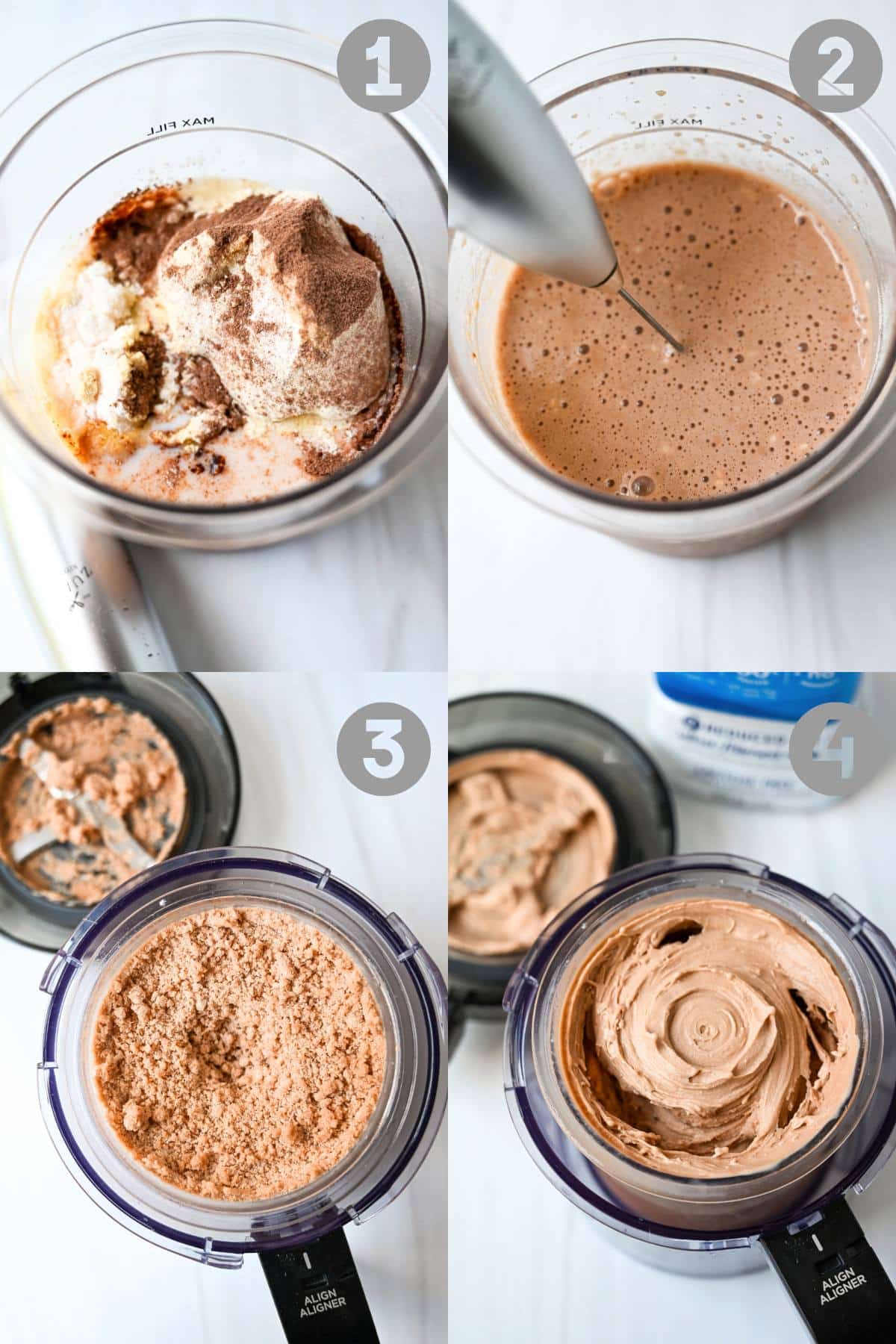 steps for making chocolate malt ice cream in a ninja creami: blended ingredients, mixed, then remixed