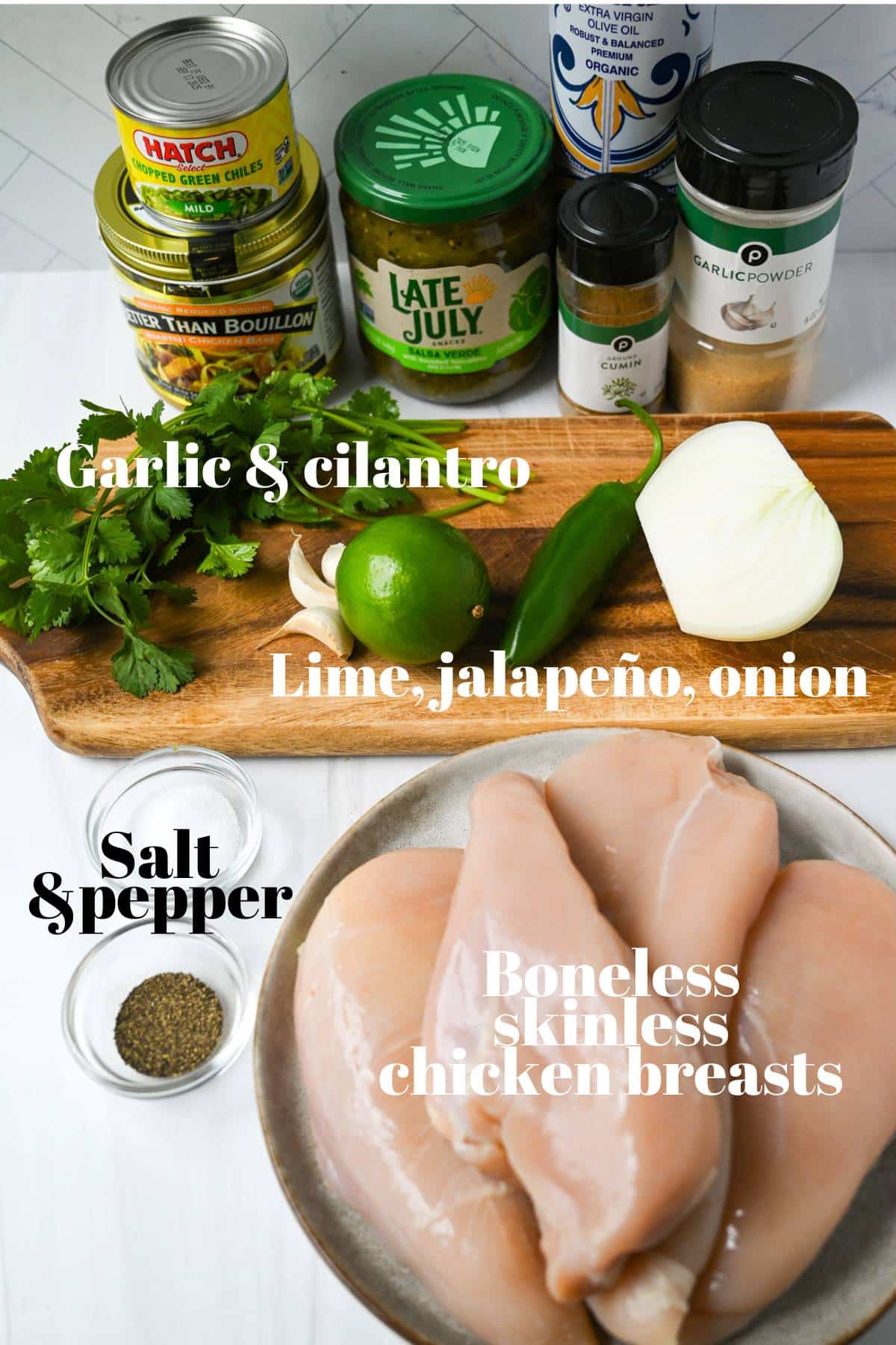ingredients for making green chili chicken measured out on a counter