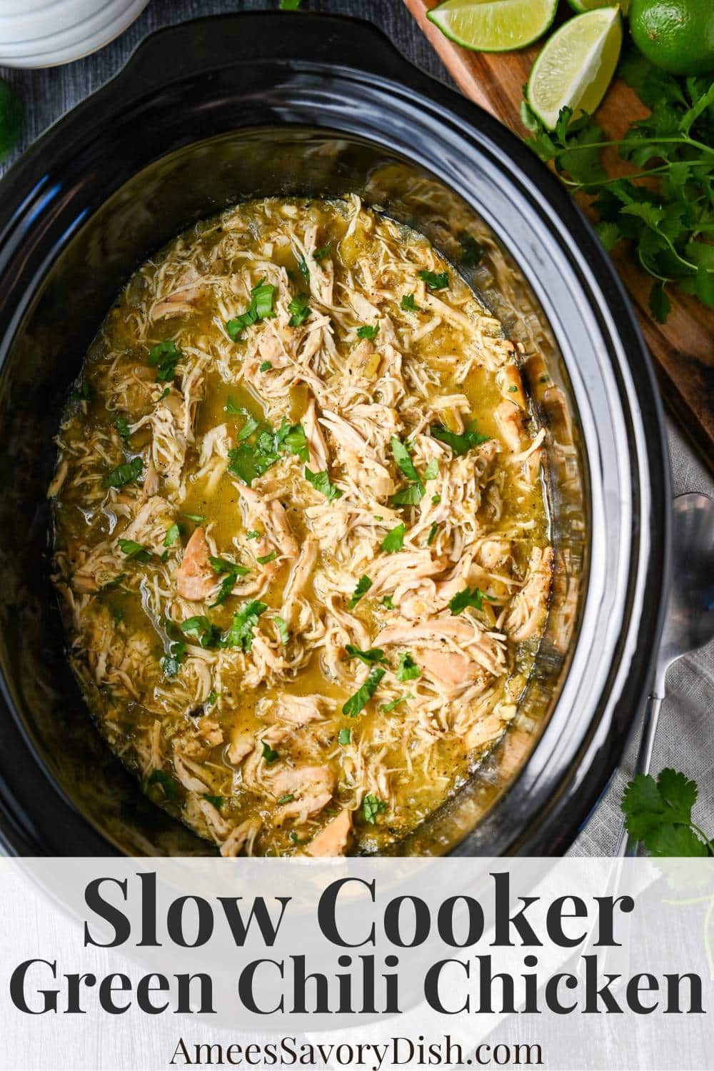 Packed with over 30 grams of protein per serving, this Slow Cooker Green Chili Chicken is perfect for healthy meal prep! via @Ameessavorydish