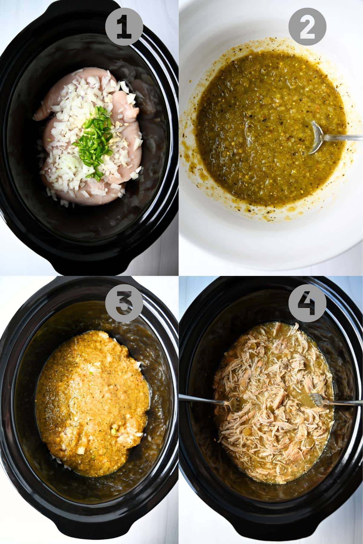 steps for cooking salsa verde chicken in a slow cooker: ingredients in a crockpot, sauce mixed, poured on top, and cooked and shredded