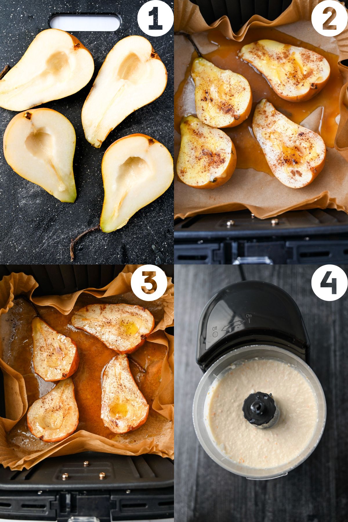 four steps for air frying pears: in the fryer, seasoned and placed in a parchment liner, cooked, and whipped cottage cheese in a food processor for topping