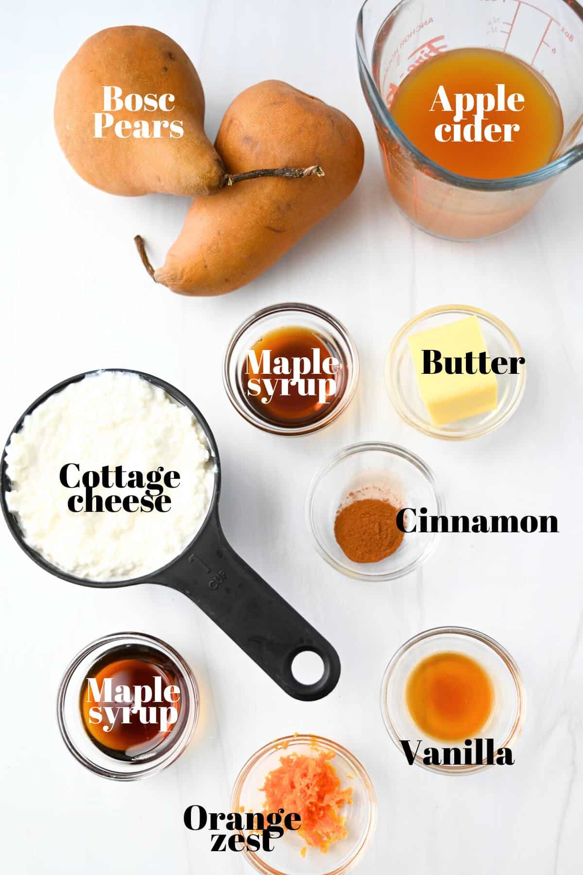 ingredients to make roasted pears in the air fryer measured out on a counter
