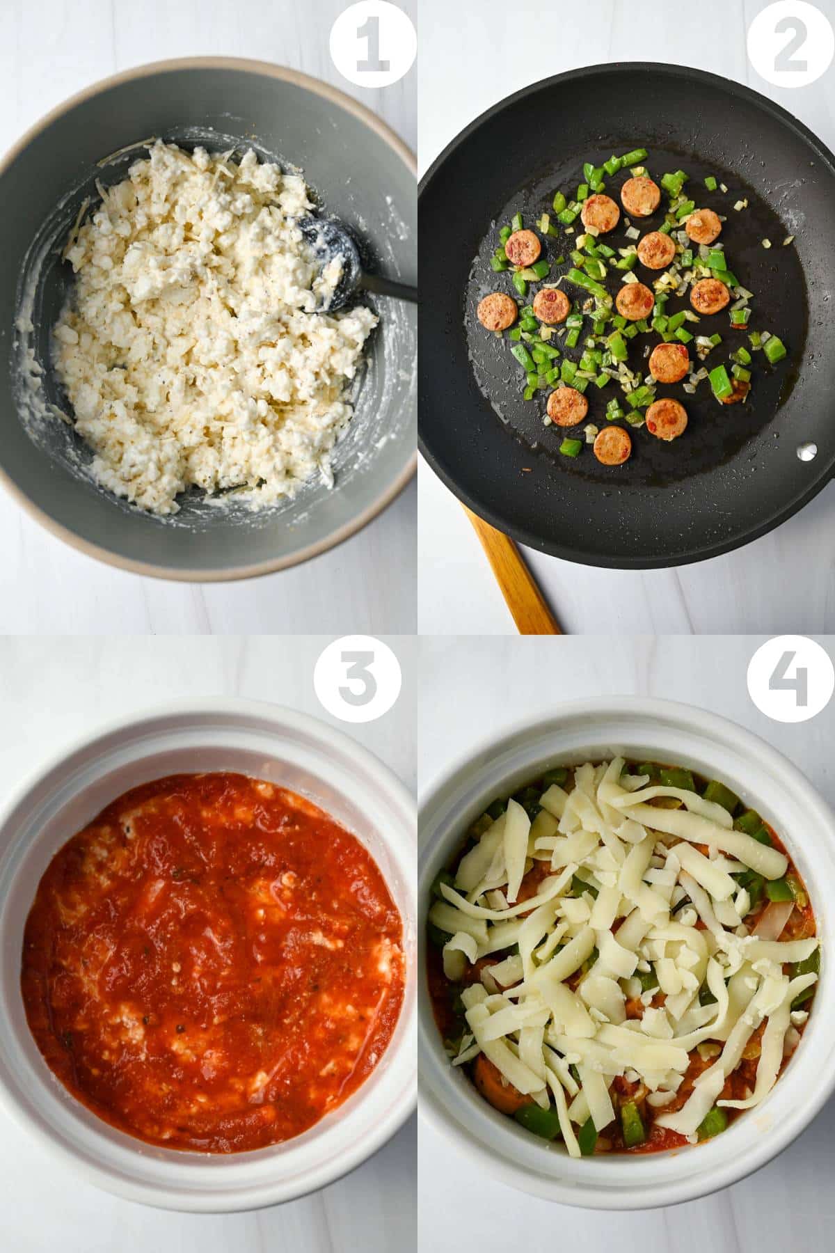 four step photos making and assembling a pizza cottage cheese bowl