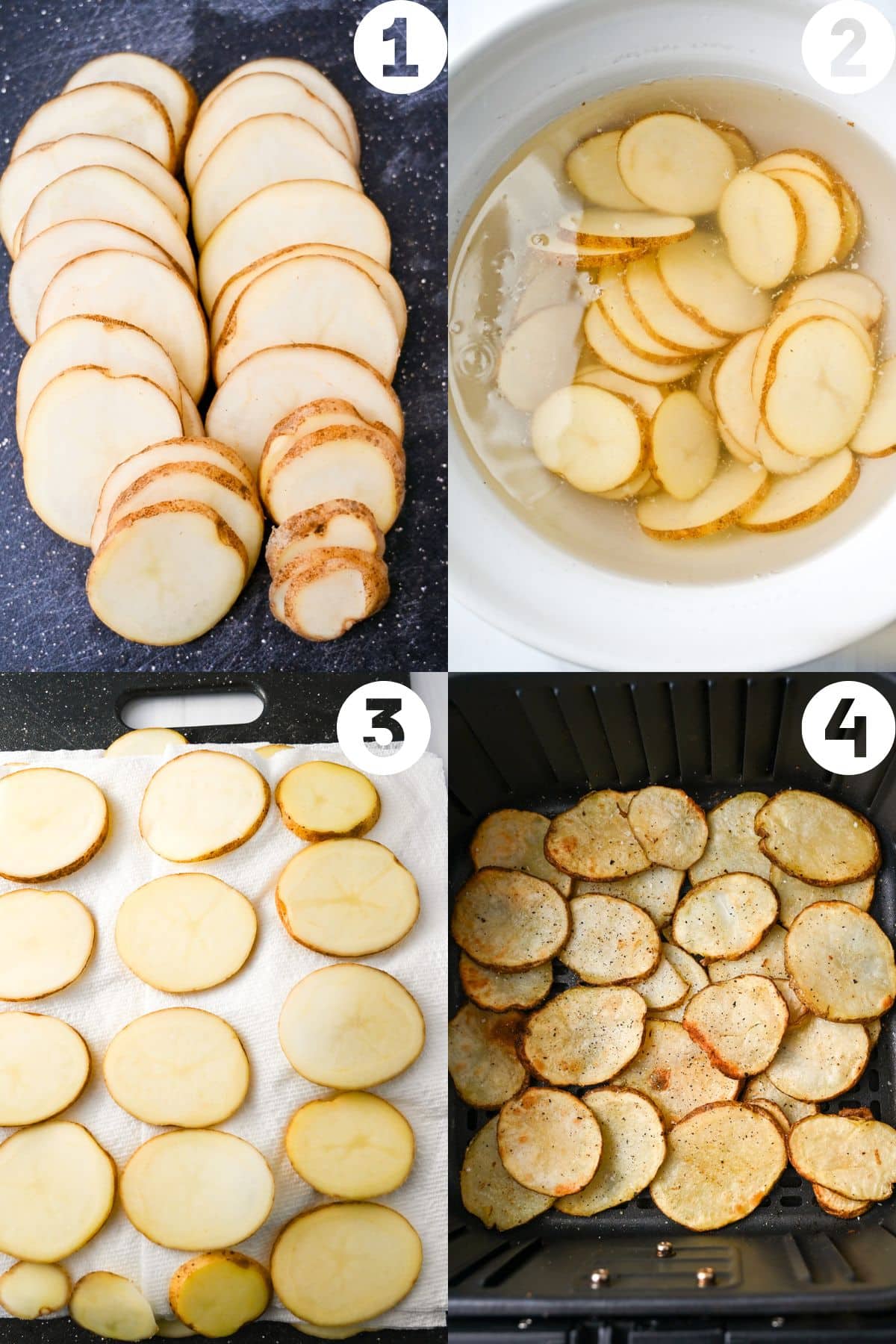 four photos showing the steps to make air fryer potato slices