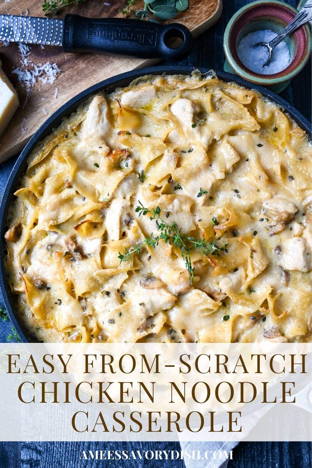 Learn how to make the ultimate Chicken Noodle Casserole WITHOUT Canned Soup! This easy recipe makes an irresistibly creamy homemade hot dish packed with 42 grams of protein per serving. via @Ameessavorydish