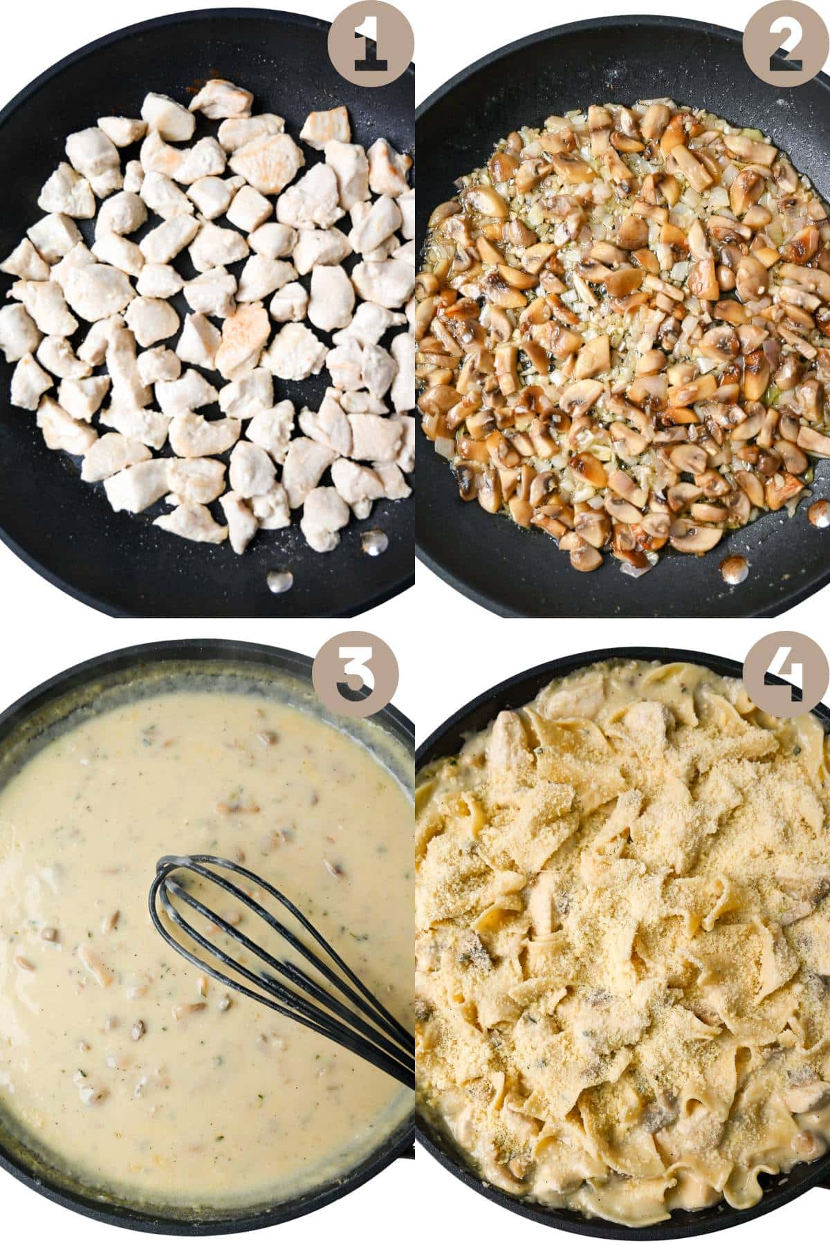 collage of cooking chicken, mushrooms and onions, creamy sauce and assembled noodle casserole