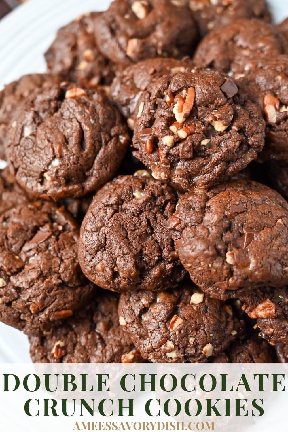 This easy-to-follow Chocolate Crunch Cookies recipe delivers THE BEST double chocolate cookies with bonus chocolate chunks, pecans, and toffee bits in every bite! via @Ameessavorydish