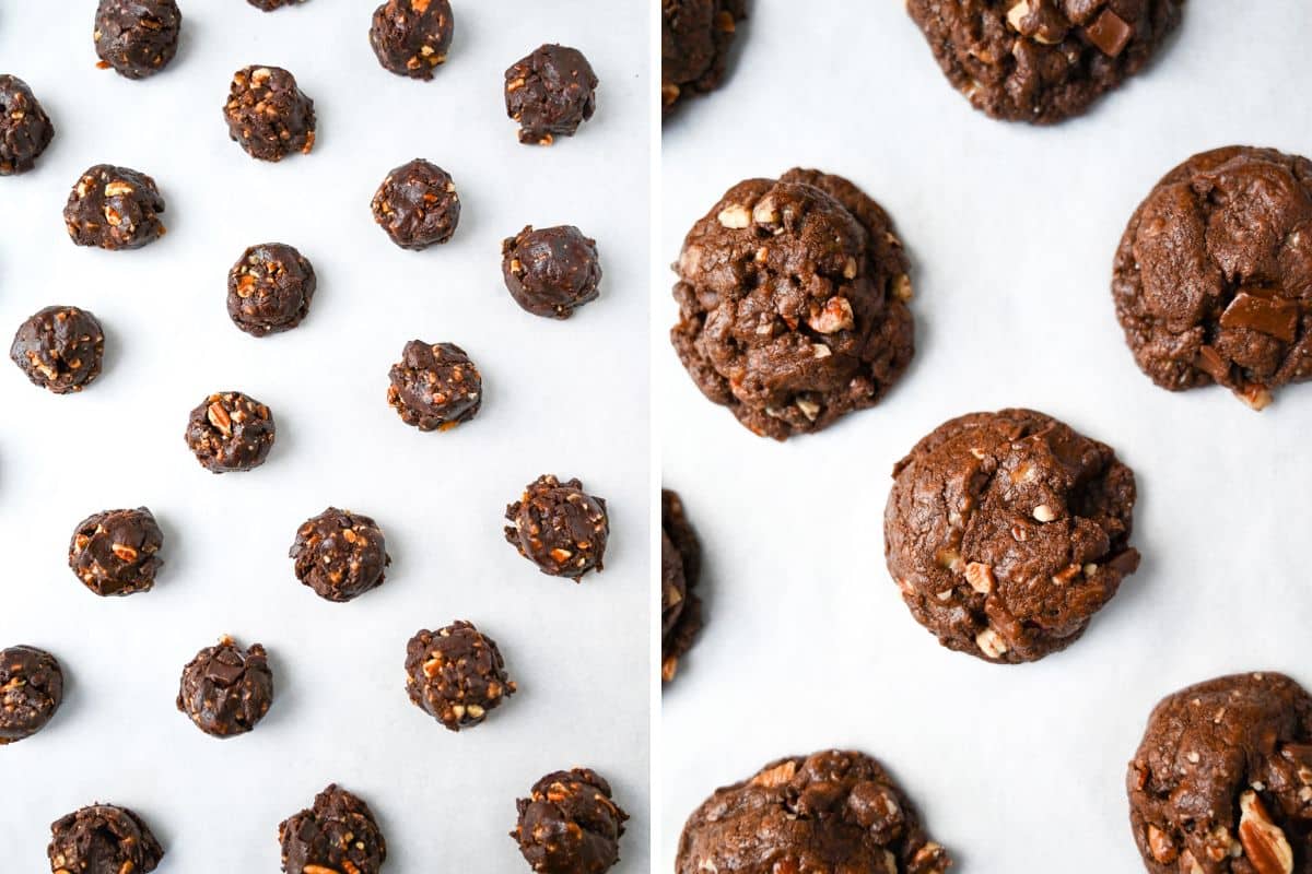 side by side photo collage of cookie dough on a baking sheet and baked cookies