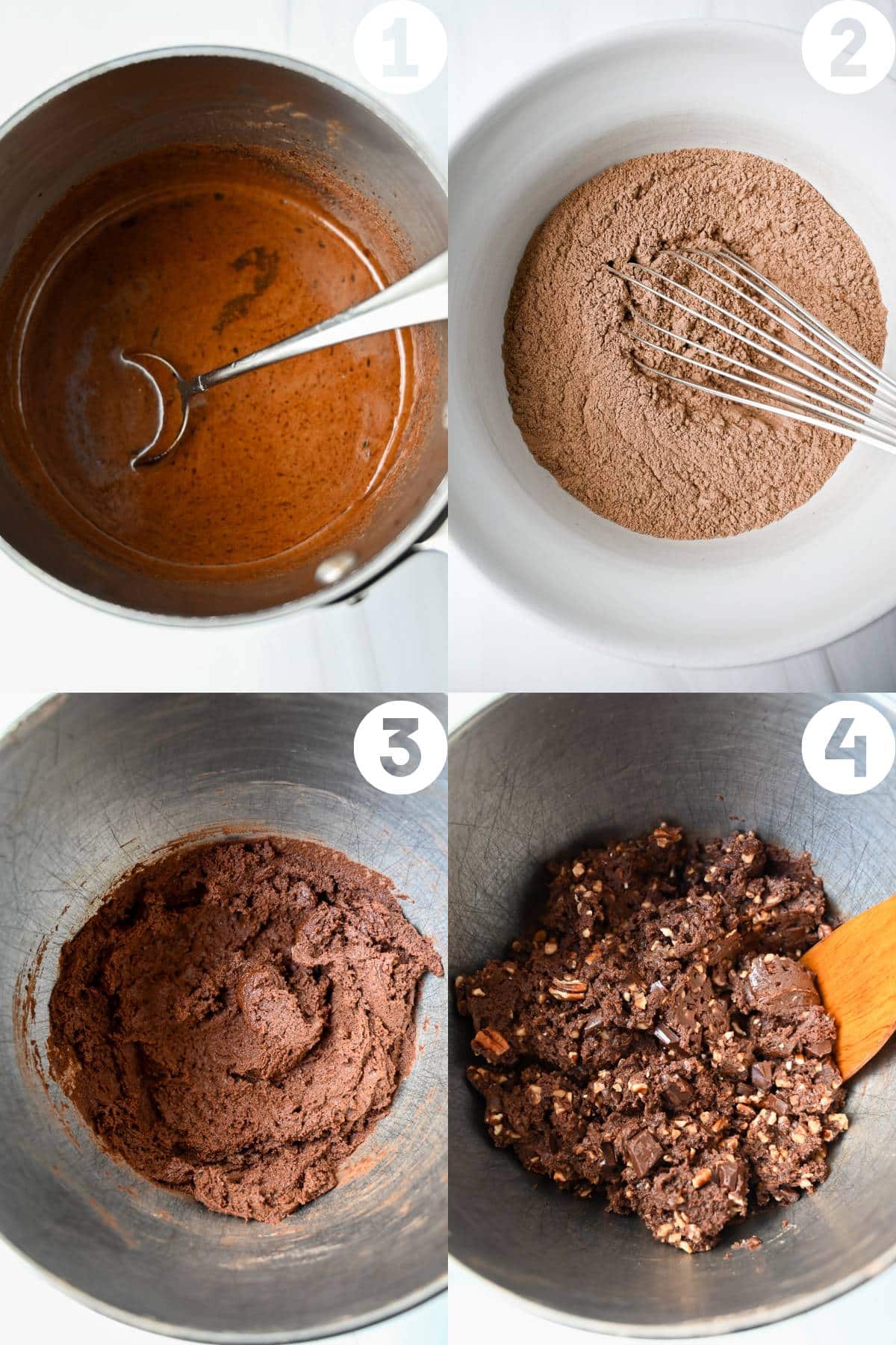 four steps for mixing chocolate crunch cookie batter