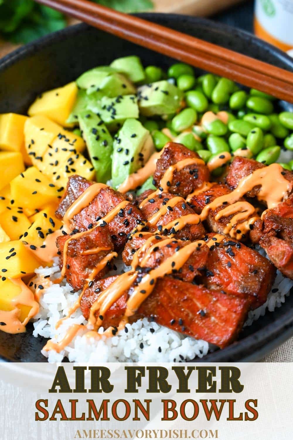 Flavorful marinated air-fried salmon bites paired with jasmine rice and fresh poke bowl toppings for a fast high-protein weeknight dinner! via @Ameessavorydish