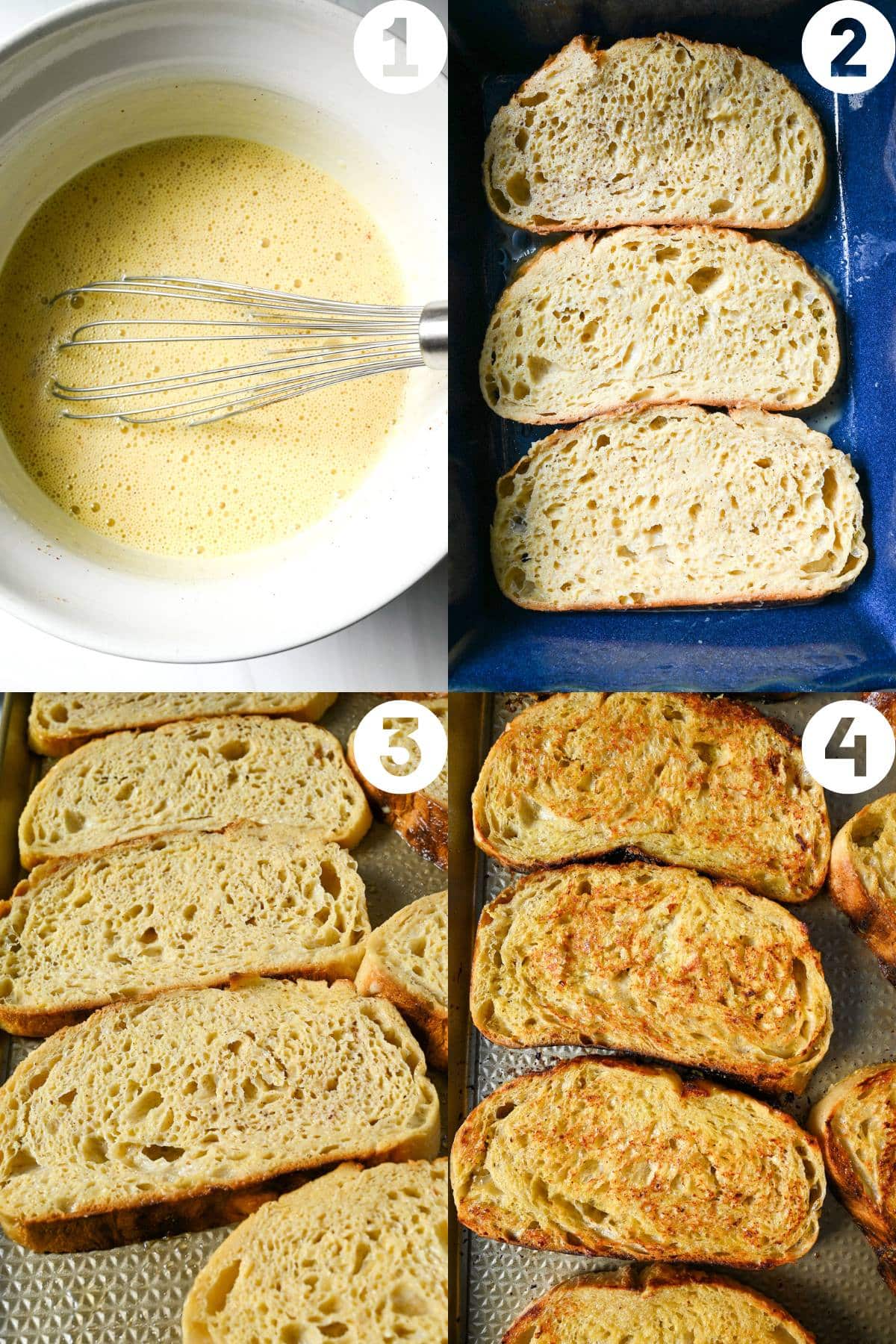 steps for making the custard for french toast, soaking the bread, and baking on a sheet pan