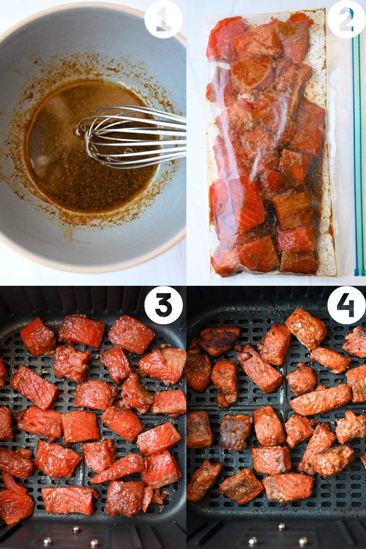 making the marinade, marinated salmon in a bag and cooking salmon in an air fryer collage