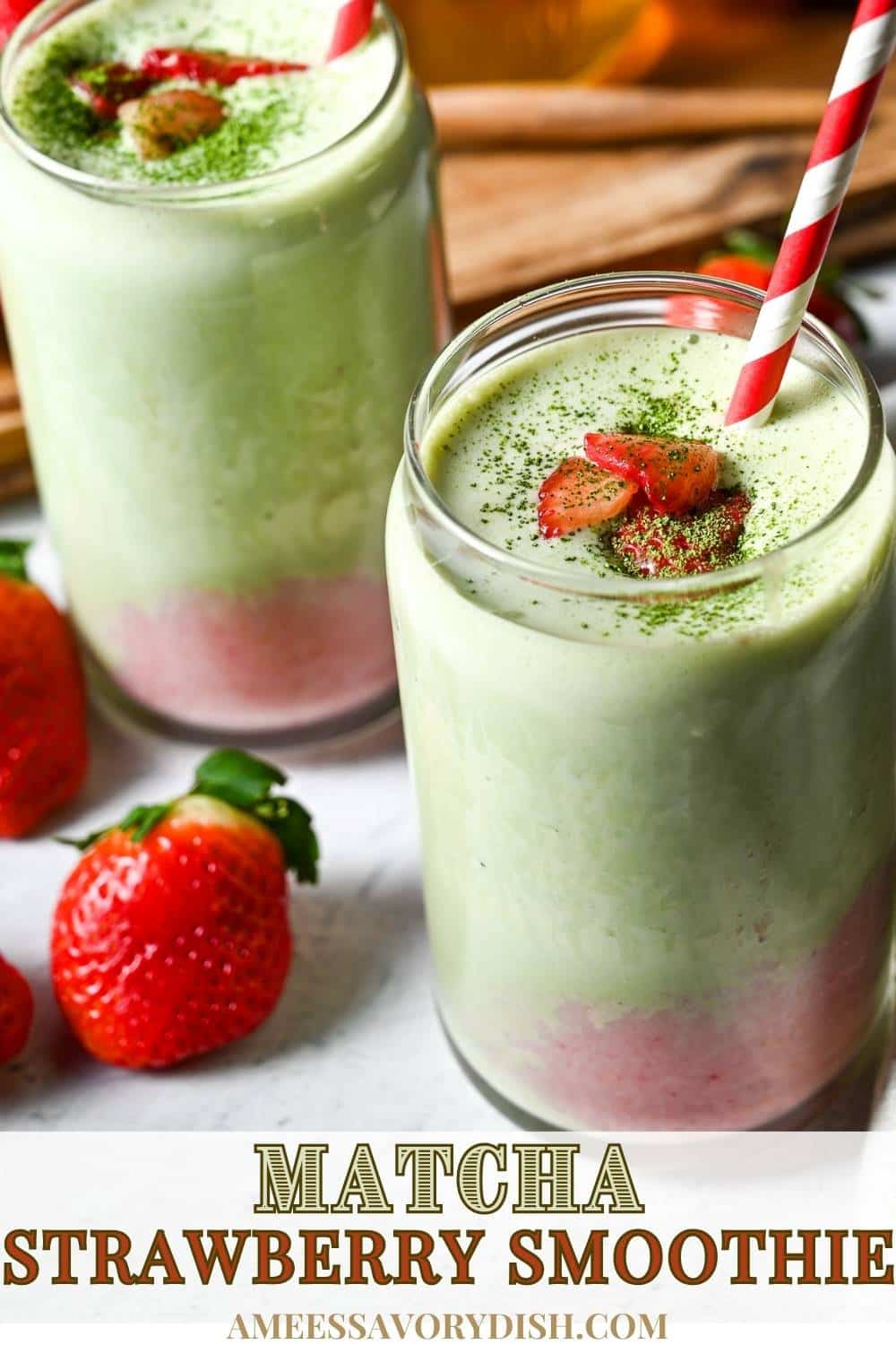 You'll love this dreamy high-protein layered matcha strawberry smoothie. It's delicious and super easy to make! via @Ameessavorydish