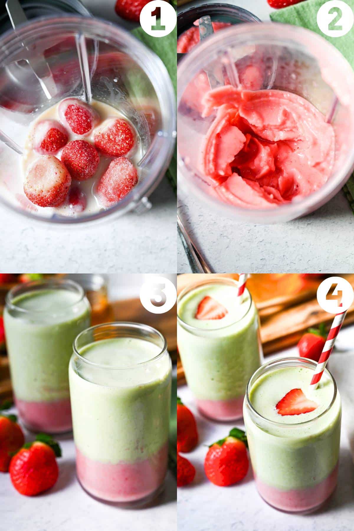 steps for blending the strawberry smoothie layer and the assembled strawberry matcha smoothie with a layer of matcha protein shake on top