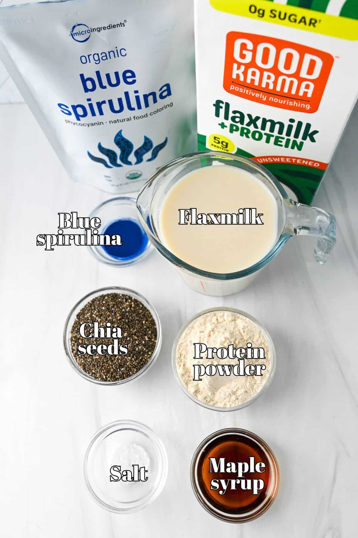 ingredients for blue chia pudding measured out on a counter