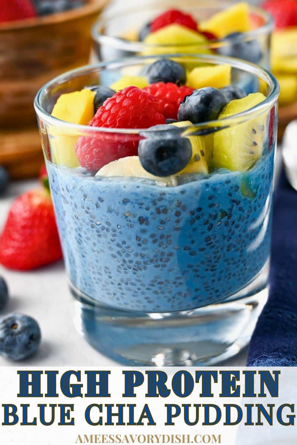 This vibrant Vanilla Chia Pudding recipe is packed with protein, fiber, and antioxidants, with added blue spirulina for a beautiful blue hue. via @Ameessavorydish