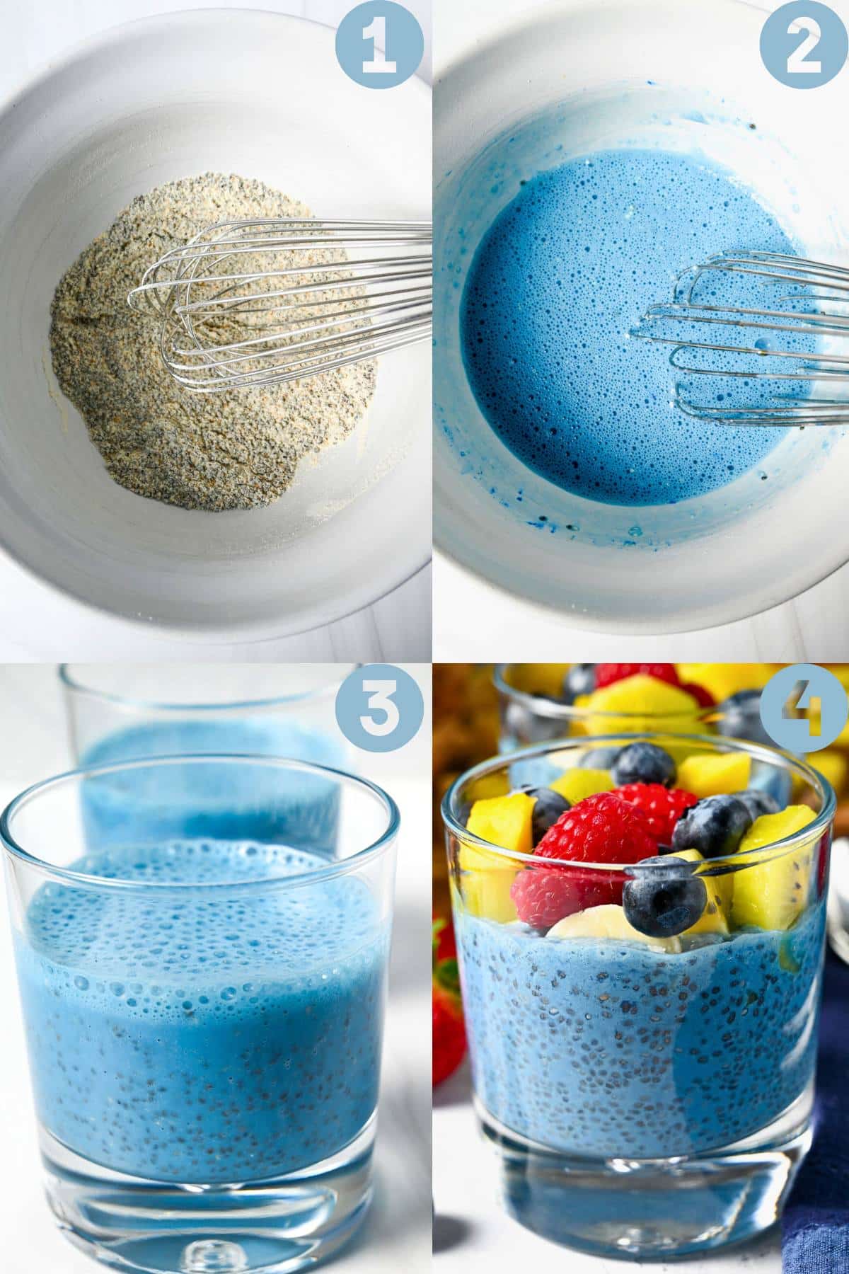 four photos showing the steps to make protein chia pudding with blue spirulina