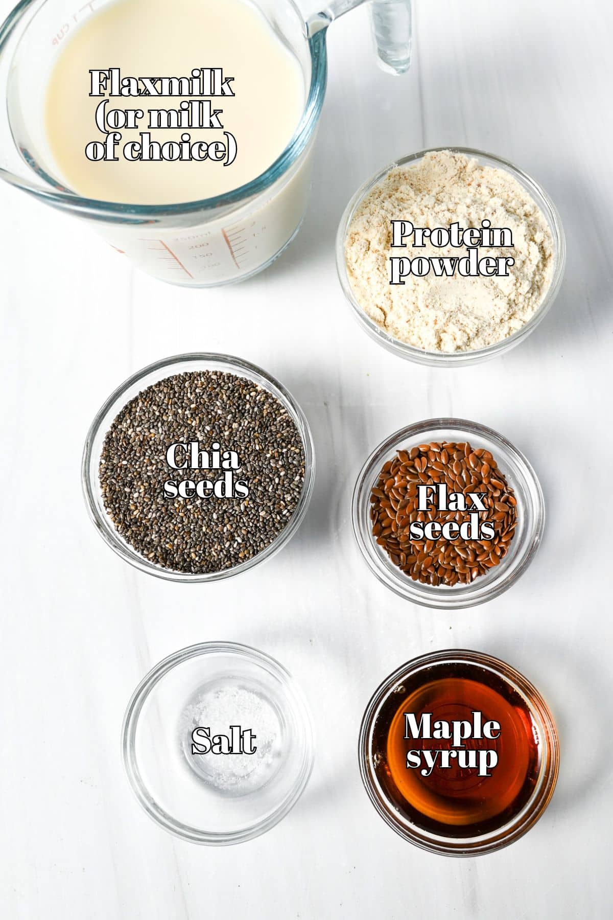 ingredients for chia flax protein pudding measured out on a counter