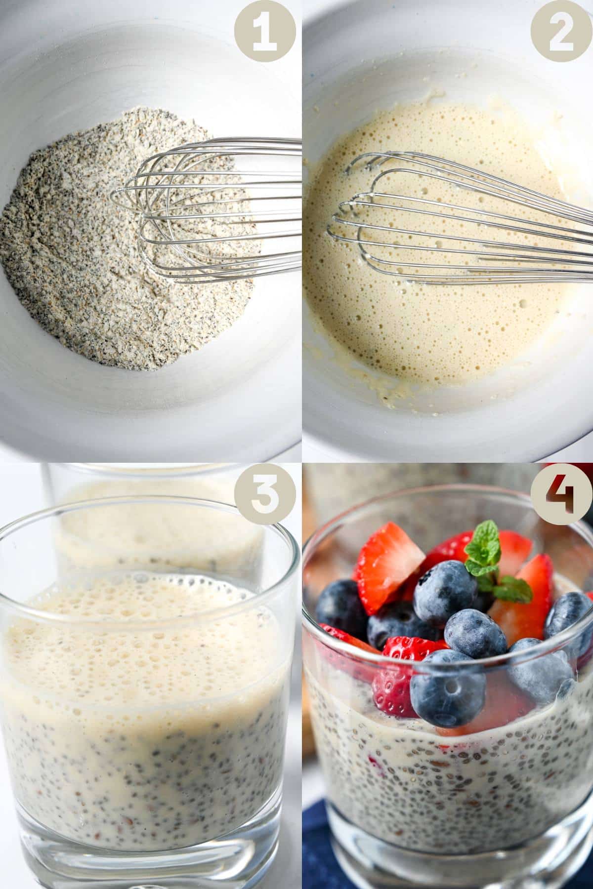 step photo collage of mixing chia pudding and chilled in a glass