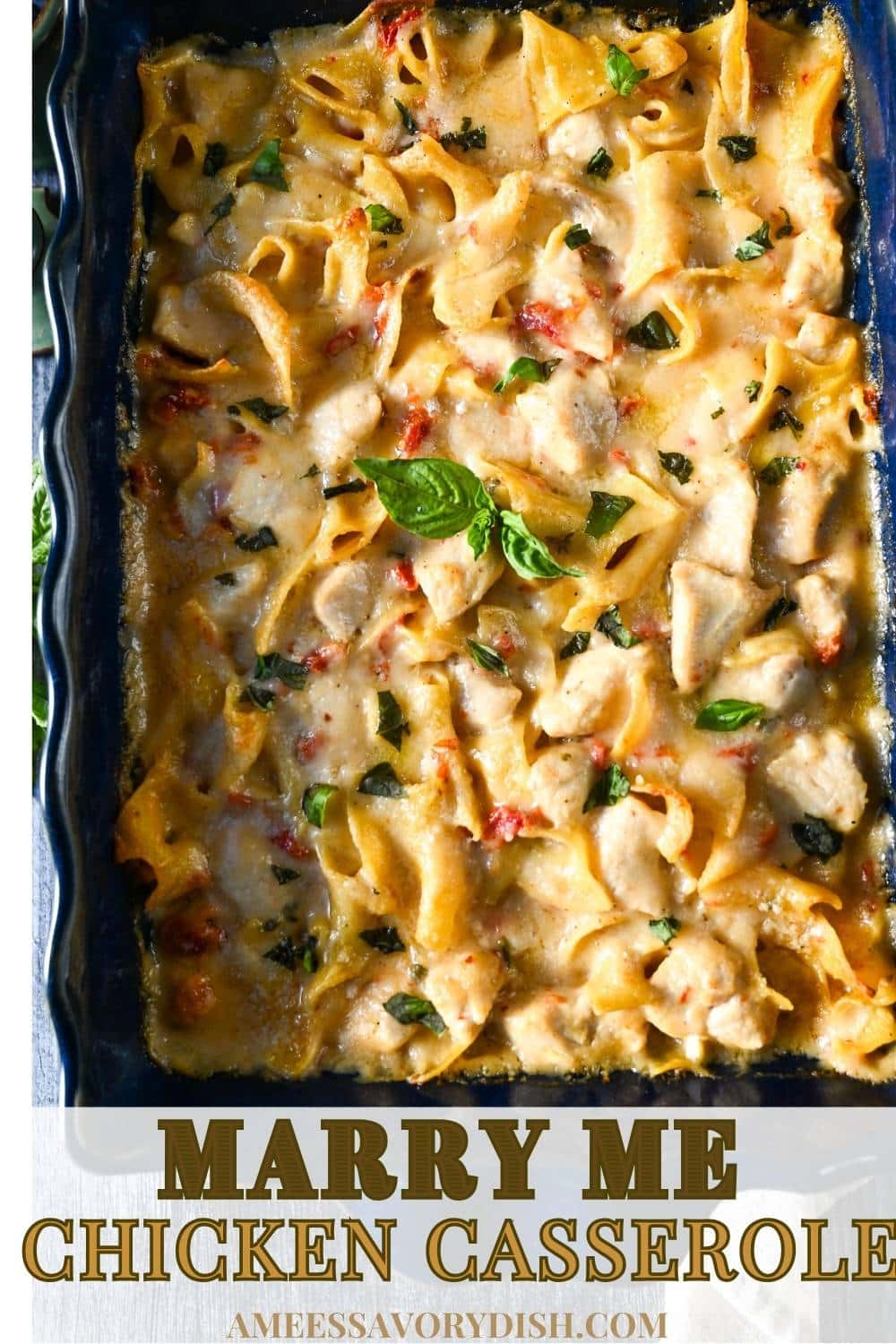 This Marry Me Chicken Casserole turns the viral recipe into a lightened-up baked version the whole family will love. Juicy chicken, egg noodles, sun-dried tomatoes, and a creamy parmesan sauce come together in this healthy-ish hot dish. via @Ameessavorydish