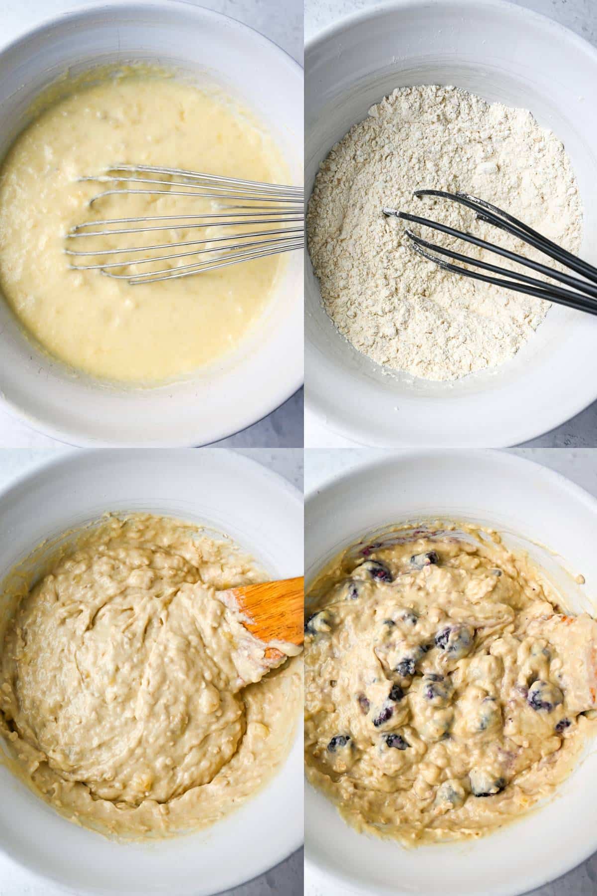 collage photo of mixing banana muffin batter