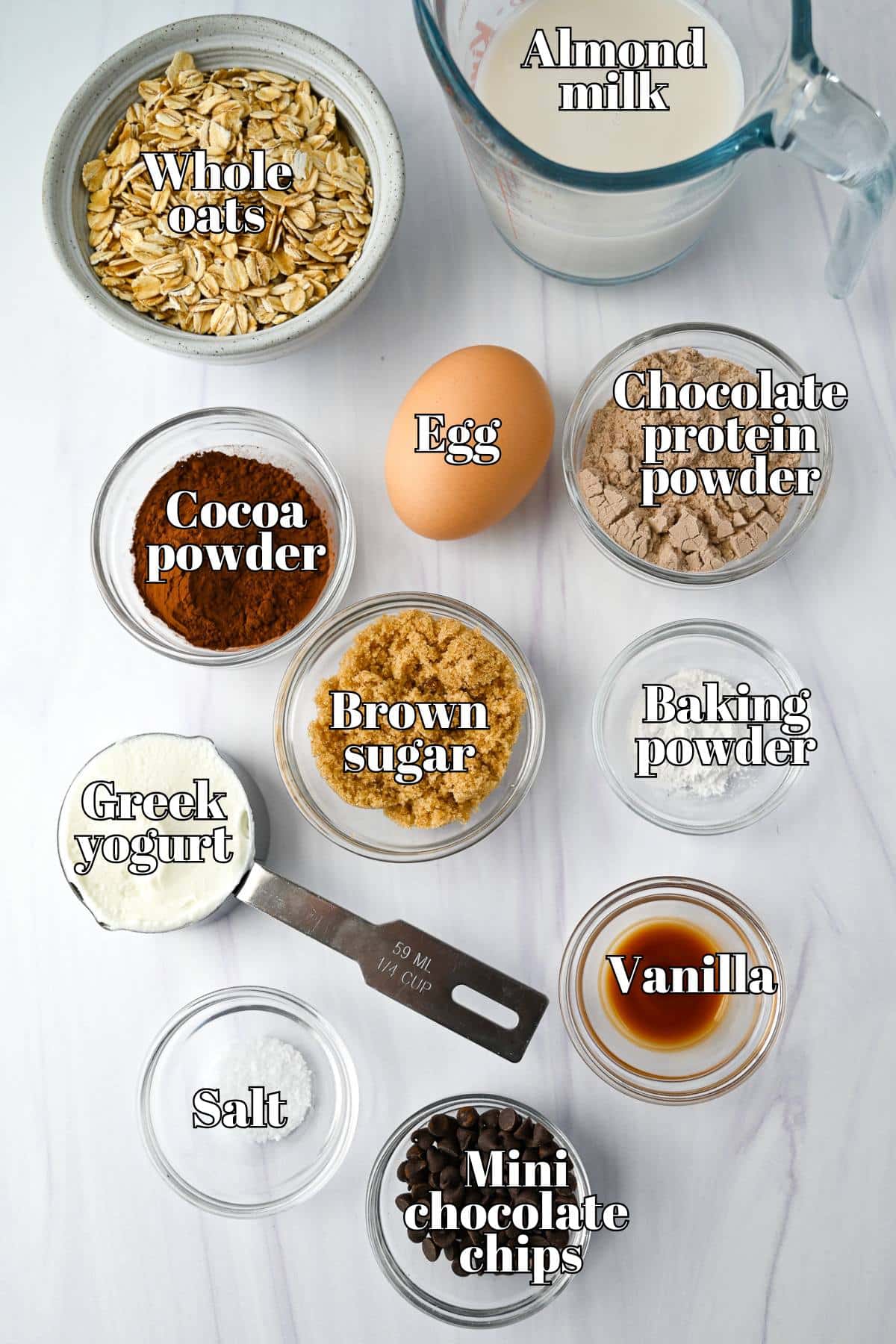 ingredients for brownie baked oats measured out on a counter