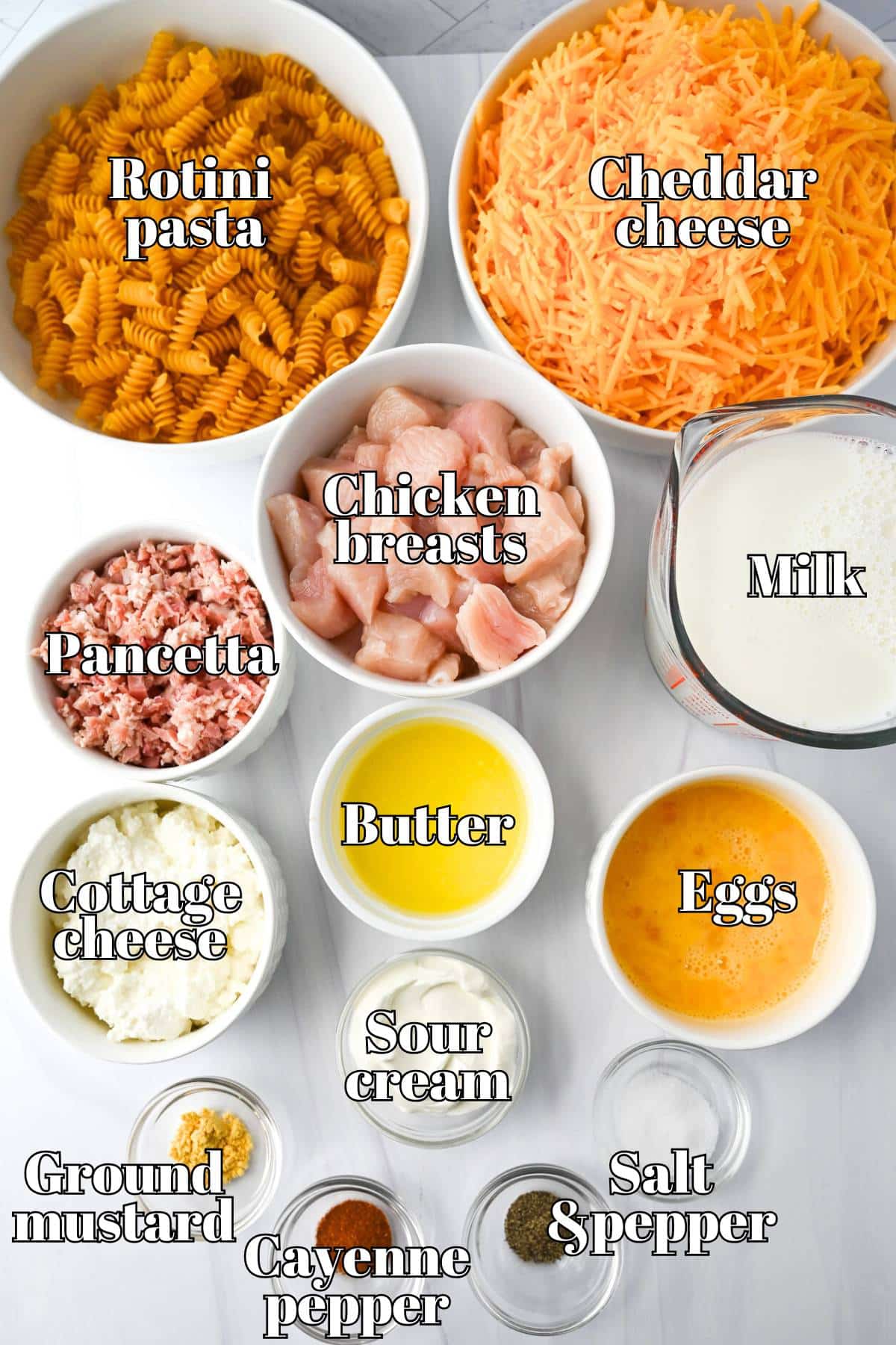 ingredients for chicken mac and cheese measured out on a counter