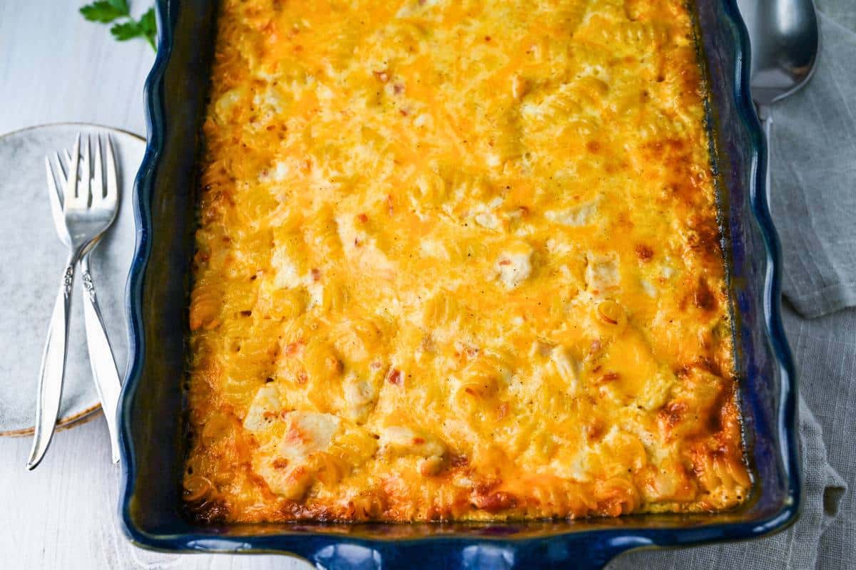 cooked mac and cheese with diced chicken baked and ready to serve