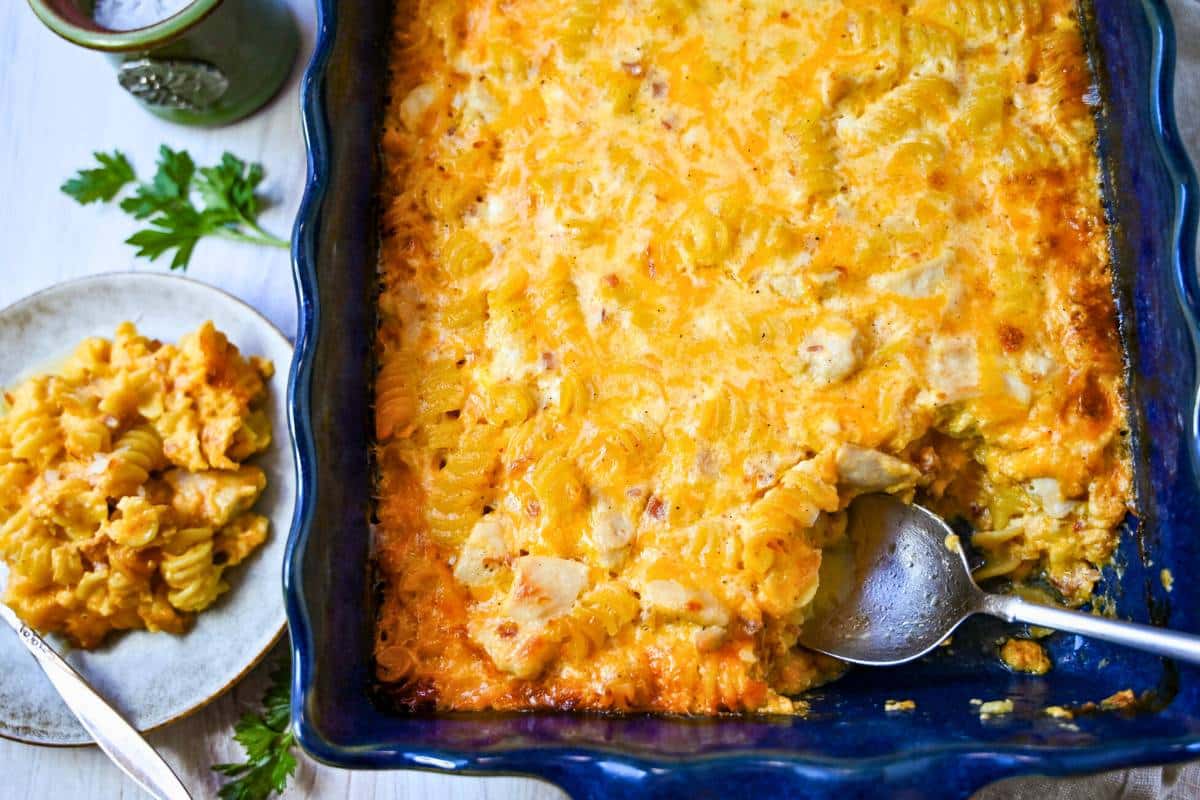 a served portion of mac and cheese casserole