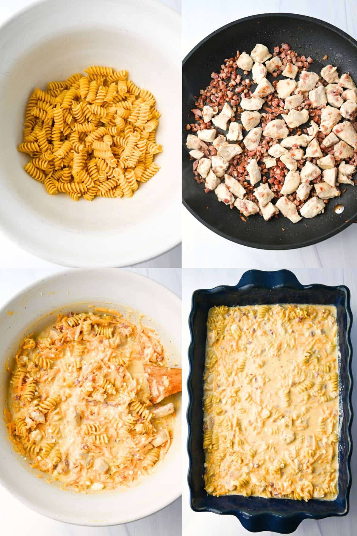 collage of steps to make mac and cheese with chicken- cooked pasta, cooked chicken and pancetta, mixed with all ingredients, and in the pan ready to cook