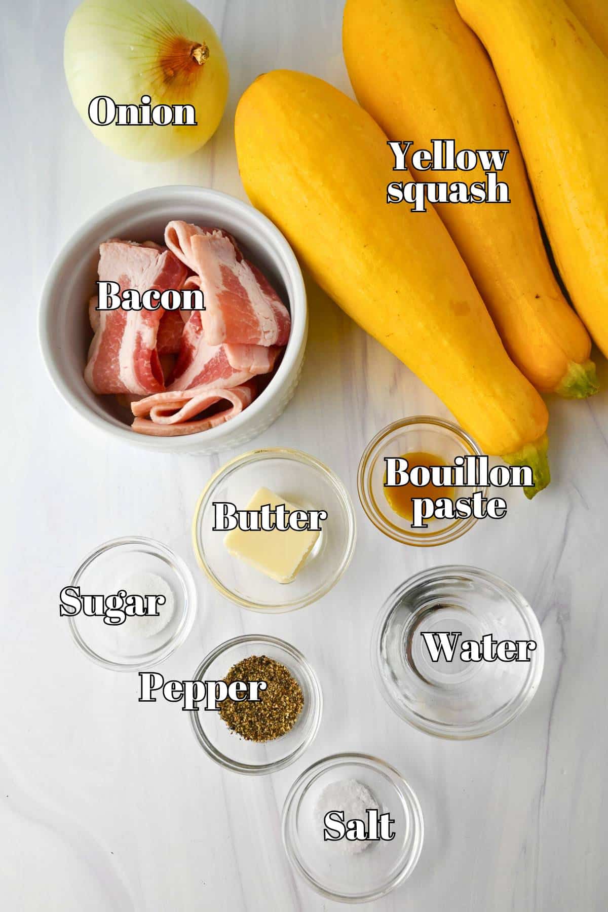 ingredients for stewed squash with onions measured out on a counter