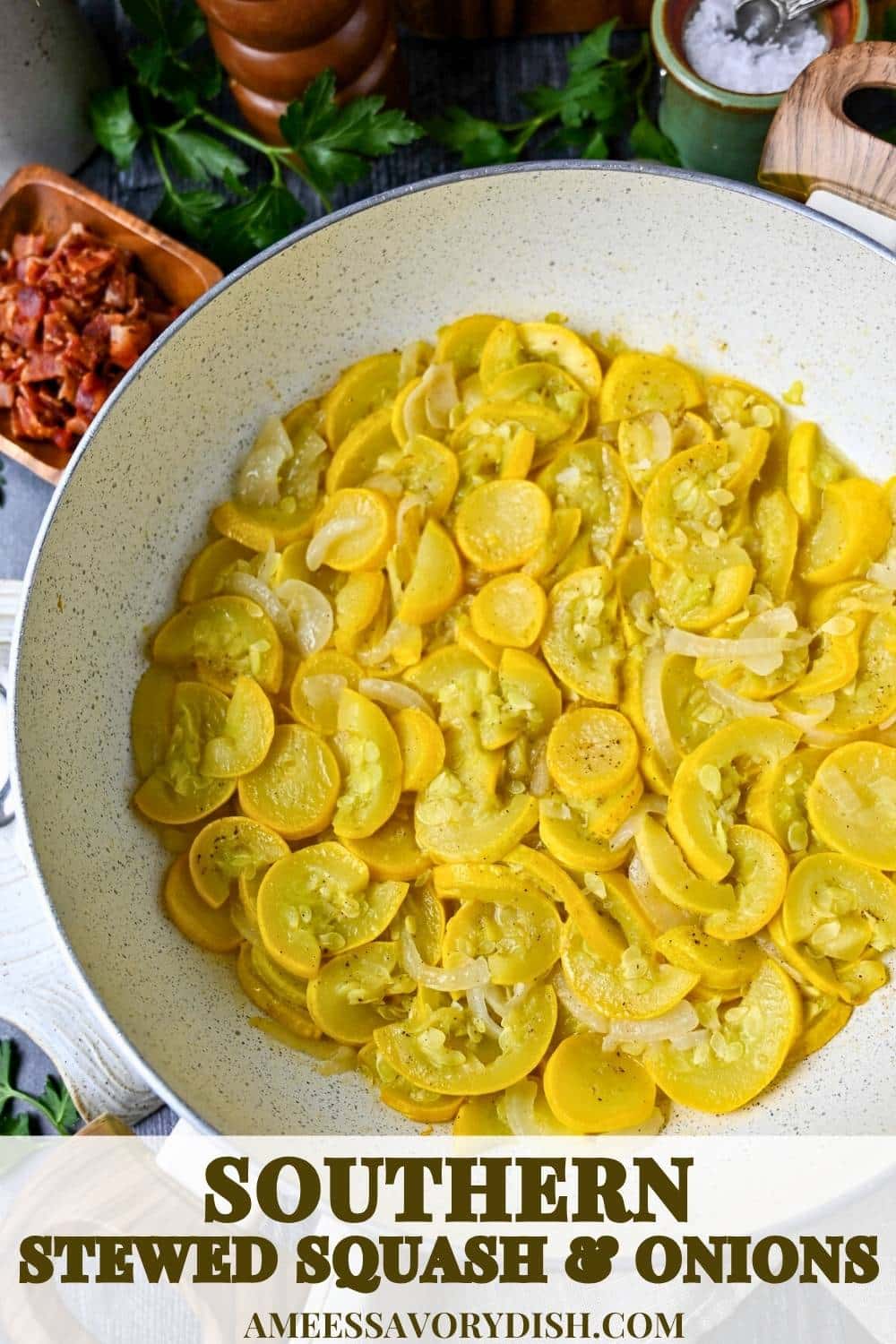 This old-fashioned Stewed Squash and Onions recipe features yellow squash and sweet onions braised in a buttery, savory broth. via @Ameessavorydish